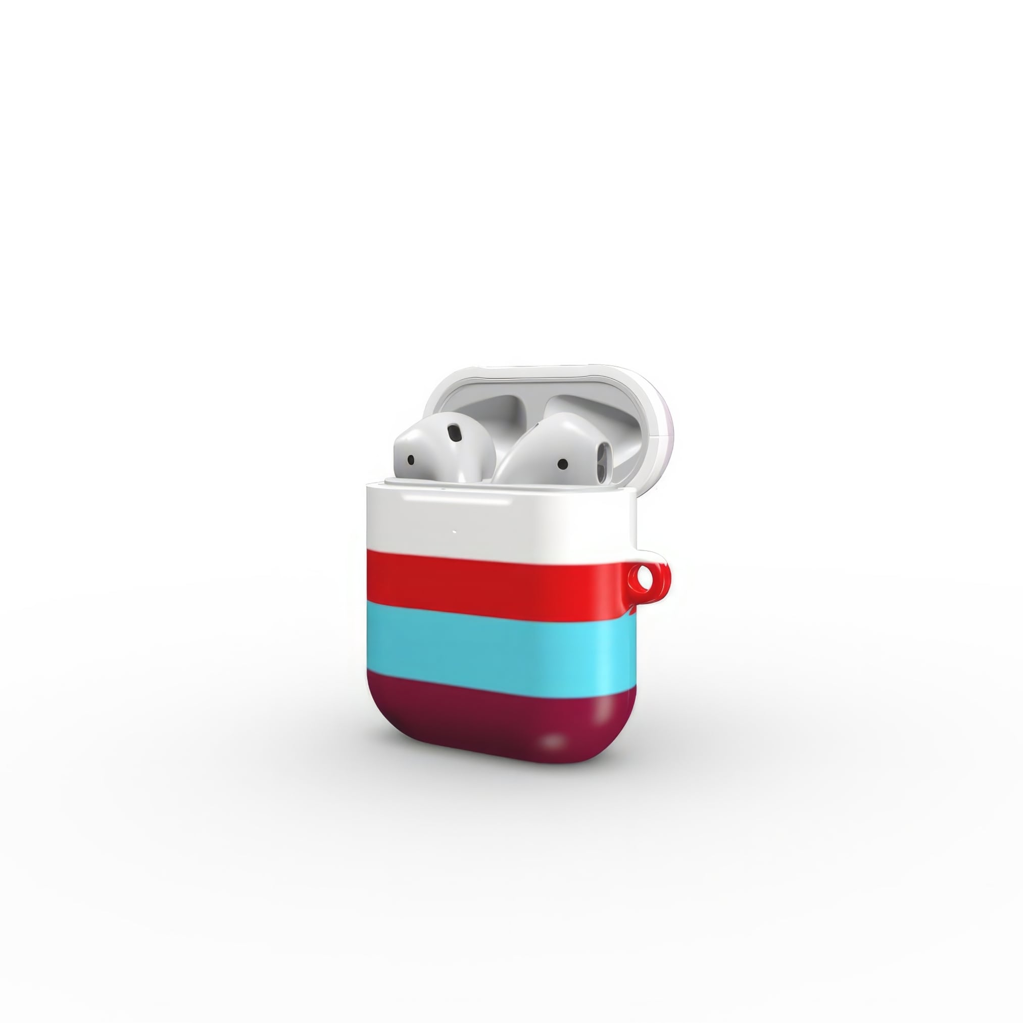 AirPods 1 and 2 tough case Color Blocks 2 pattern design with a color blocks, featuring an elegant and expressive aesthetic design. Main colors are lilac, red, passion pink and fuchsia. Side open view.