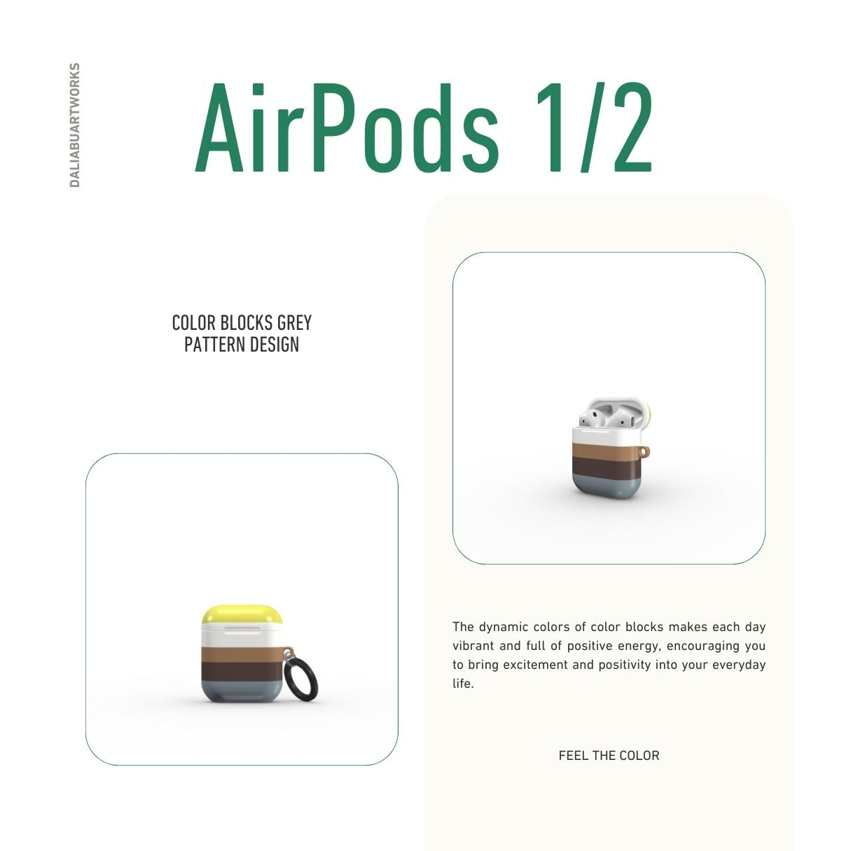AirPods 1 and 2 case Color Blocks Grey pattern design with a color blocks, featuring an elegant and expressive aesthetic design. Main colors are caramel, chocolate brown, yellow and gray. Front view.