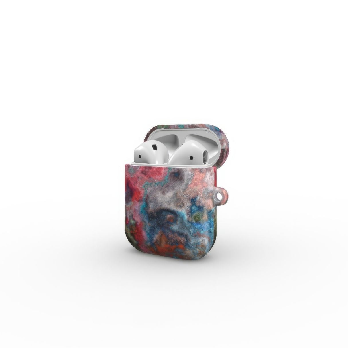 AirPods 1/2 case with vivid color pattern Color Fog abstract and artistic style, featuring an elegant and expressive aesthetic design. Main colors are red, deep blue and green. Side open view.