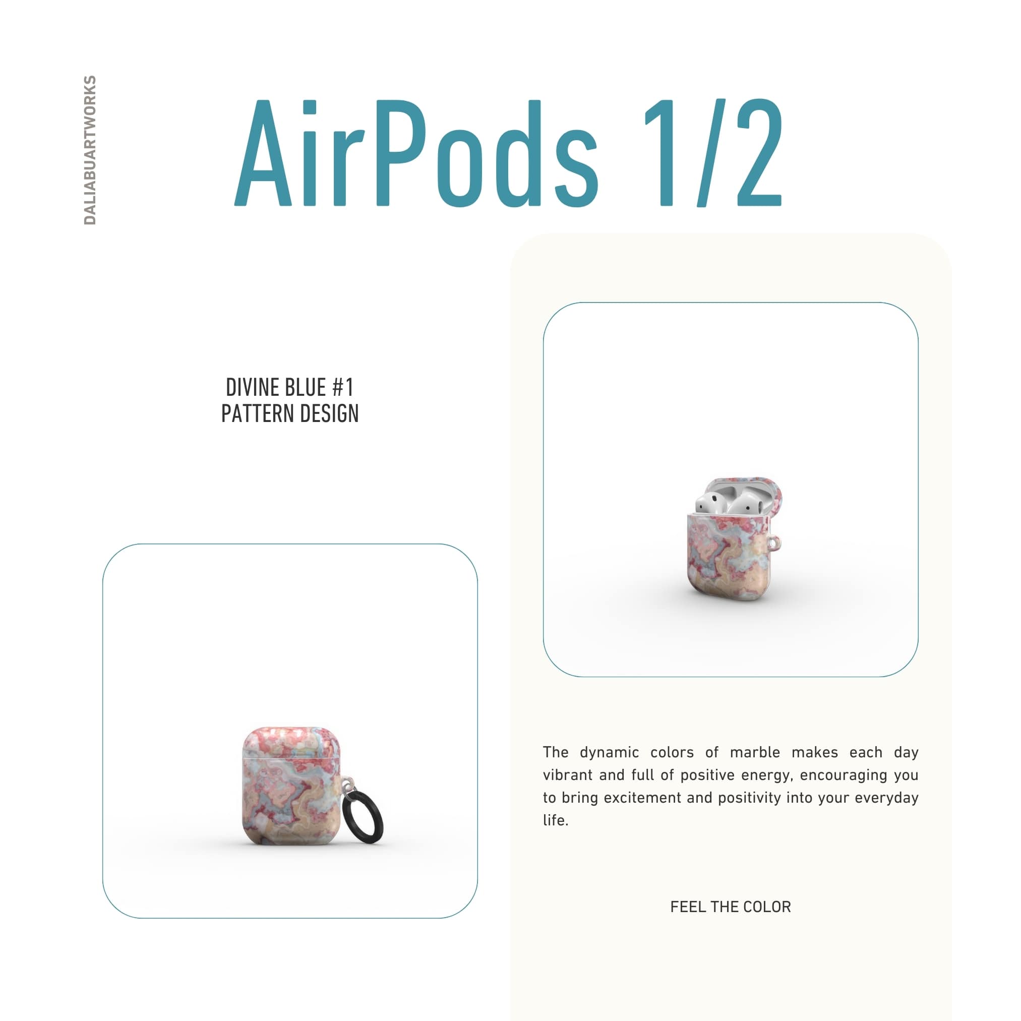 AirPods 1 and 2 tough case front view; Divine Blue 1 pattern, artistic, abstract marble pattern. Pink and light blue color combination.