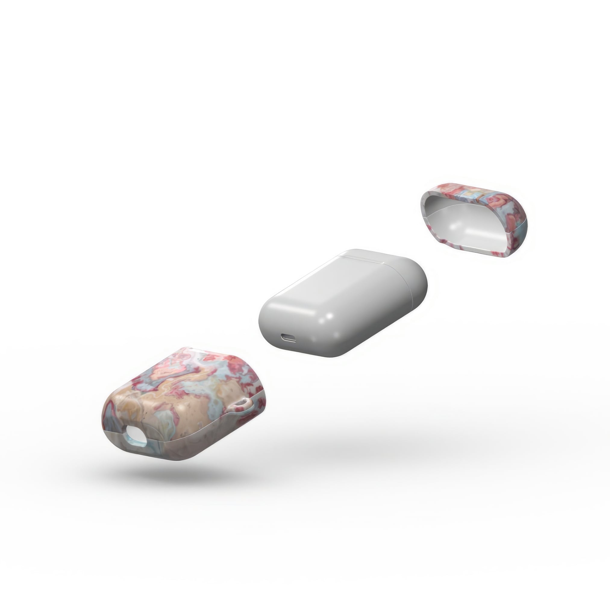 AirPods 1 and 2 tough case extend view; Divine Blue 1 pattern, artistic, abstract marble pattern. Pink and light blue color combination.