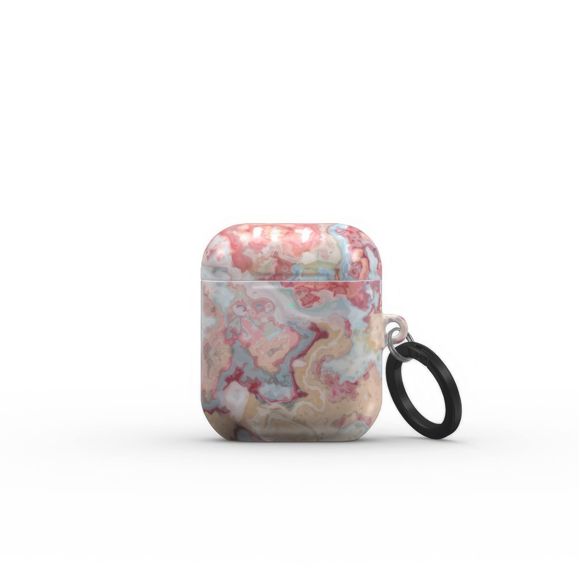 AirPods 1 and 2 tough case front view; Divine Blue 1 pattern, artistic, abstract marble pattern. Pink and light blue color combination. Bold expressive aesthetic design. Colorful and interior fit. Elegant.