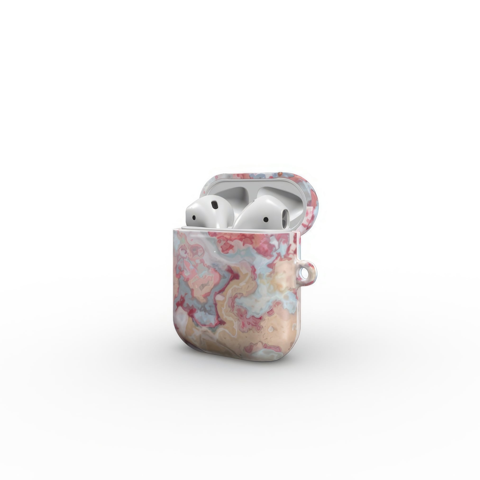 AirPods 1 and 2 tough case side open view; Divine Blue 1 pattern, artistic, abstract marble pattern. Pink and light blue color combination.