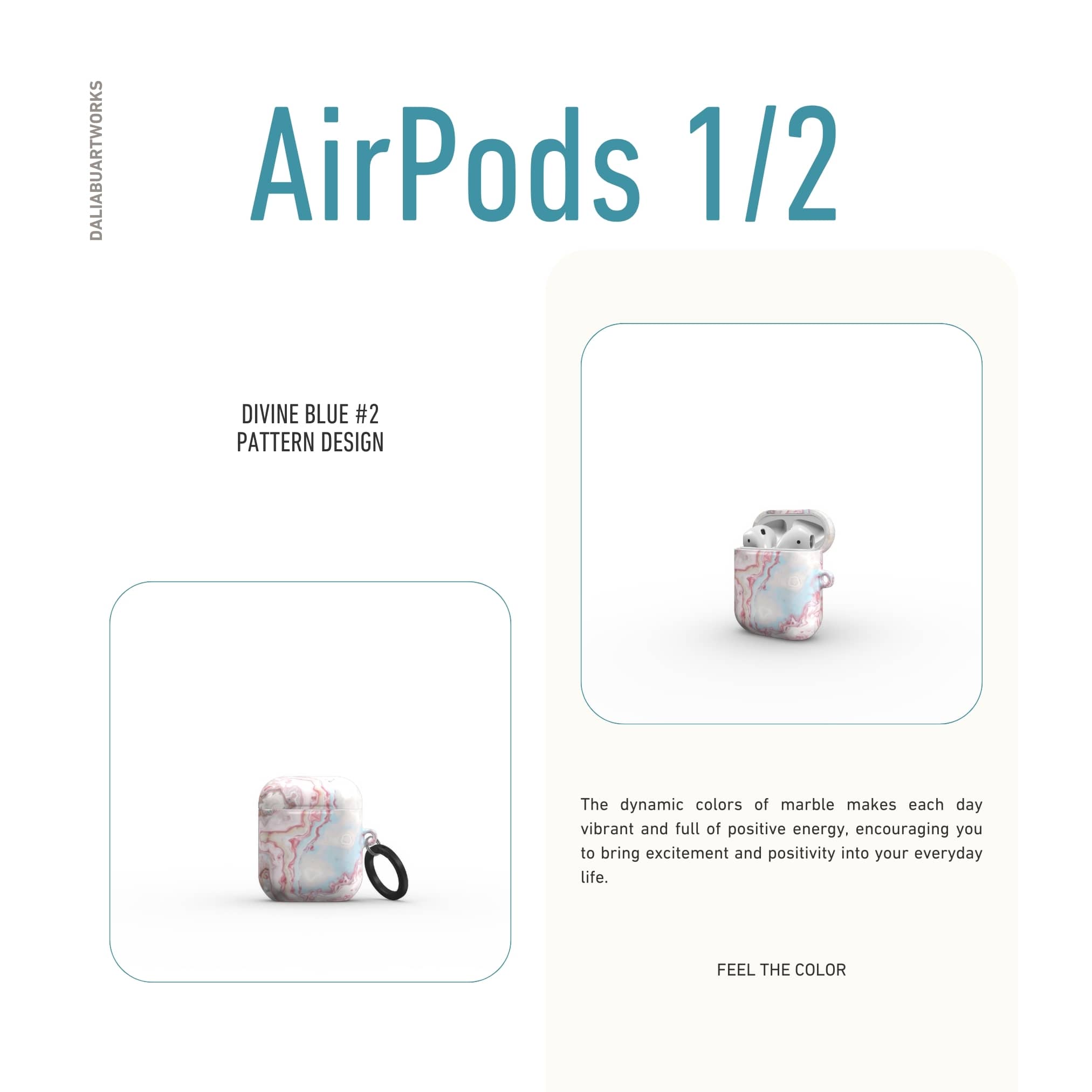 AirPods 1 and 2case front view; Divine Blue 2 pattern, artistic, abstract marble pattern. Light blue and pink color combination.