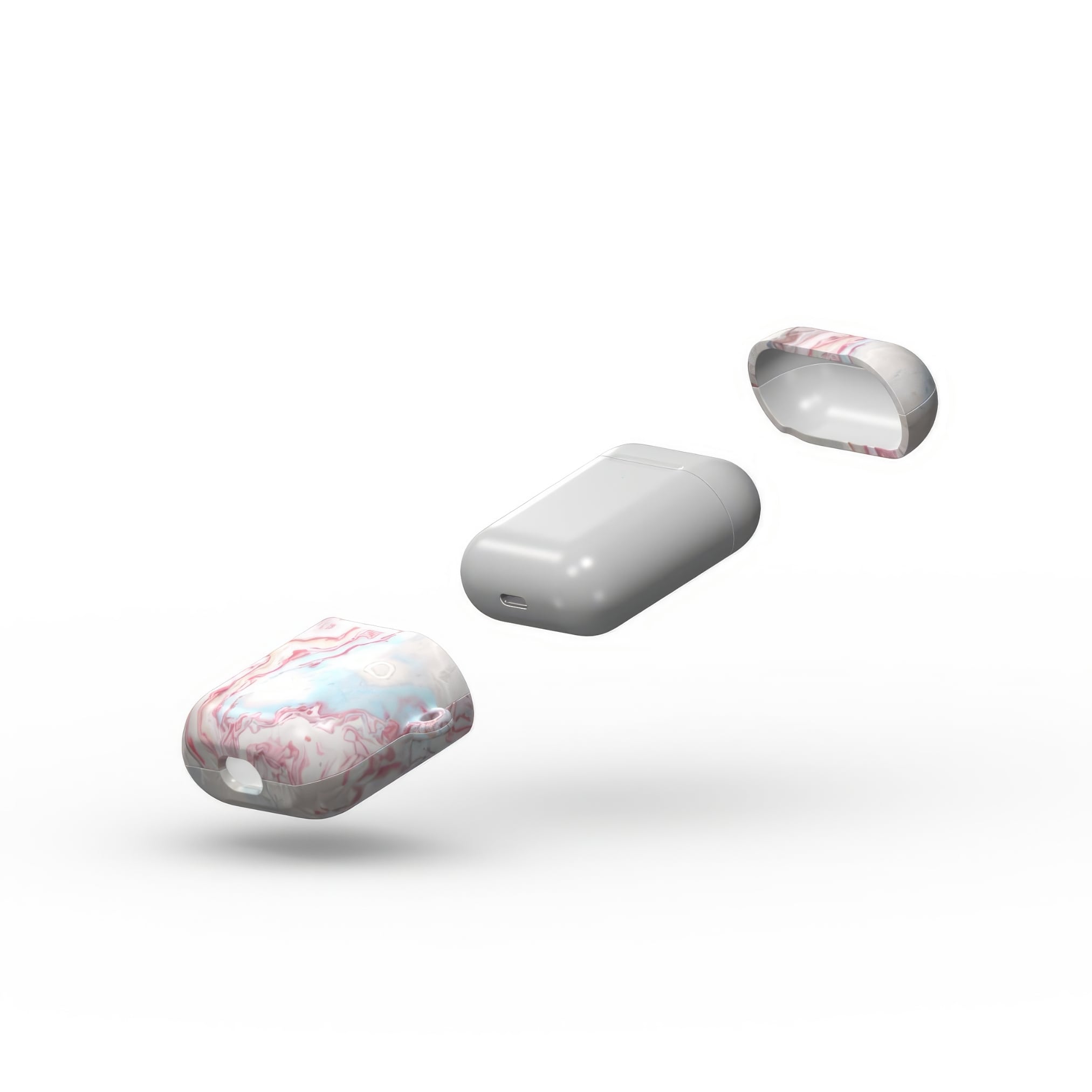 AirPods 1 and 2case extend view; Divine Blue 2 pattern, artistic, abstract marble pattern. Light blue and pink color combination.