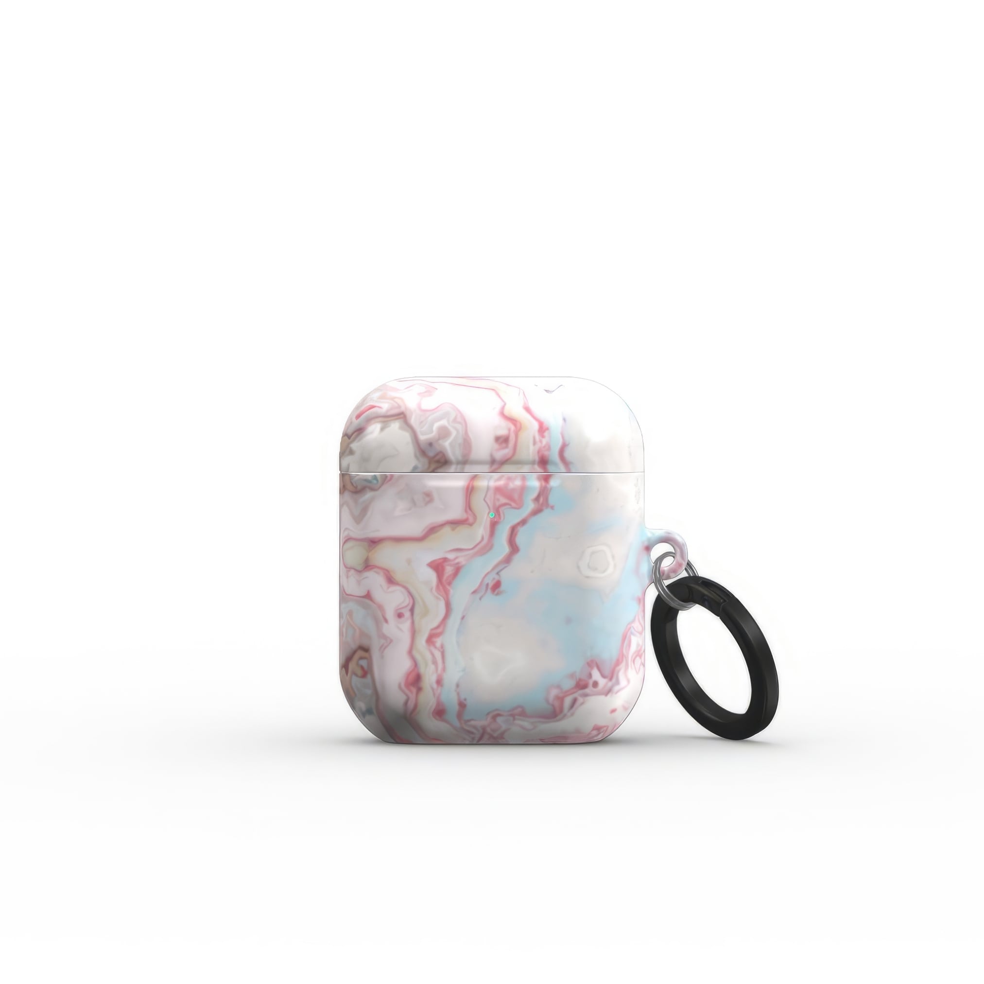 AirPods 1 and 2case front view; Divine Blue 2 pattern, artistic, abstract marble pattern. Light blue and pink color combination. Bold expressive aesthetic design. Colorful and interior fit. Elegant.