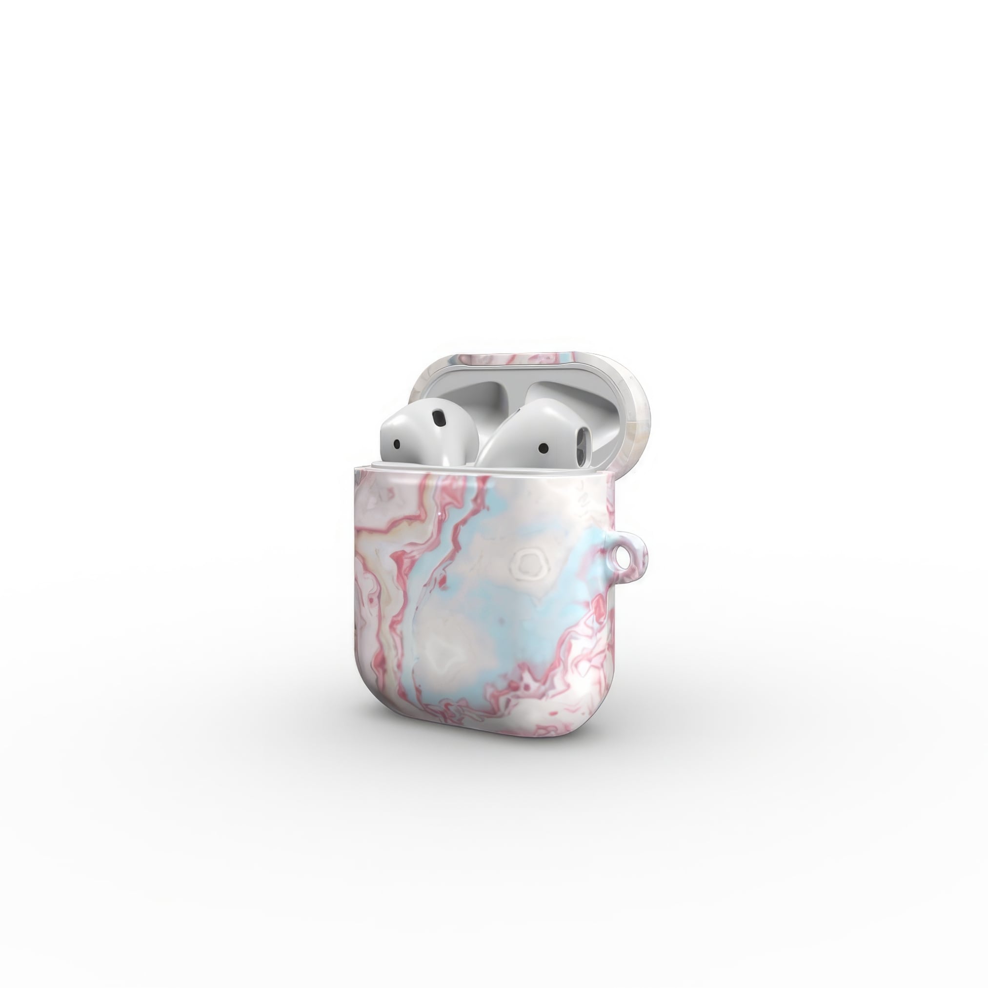 AirPods 1 and 2case open side view; Divine Blue 2 pattern, artistic, abstract marble pattern. Light blue and pink color combination.