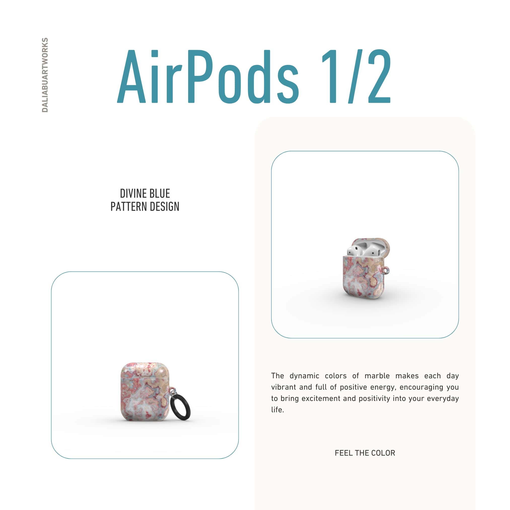AirPods 1 and 2 tough case front view; Divine Blue pattern, artistic, abstract marble pattern. Pink and light blue color combination.