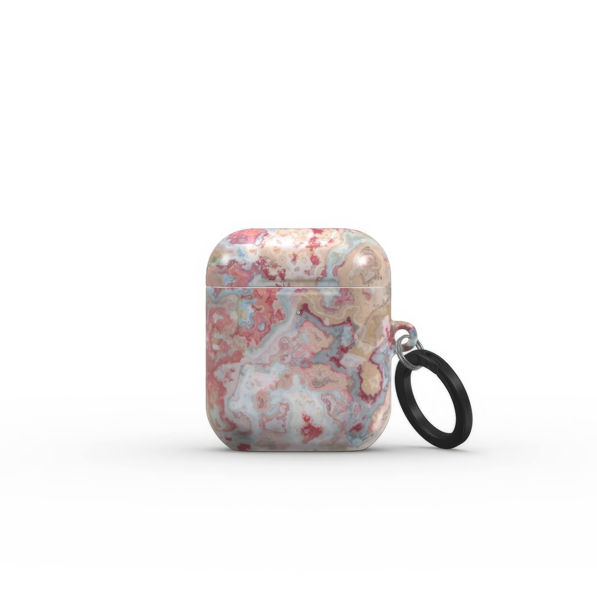 AirPods 1 and 2 tough case front view; Divine Blue pattern, artistic, abstract marble pattern. Pink and light blue color combination. Bold expressive aesthetic design. Colorful and interior fit. Elegant.