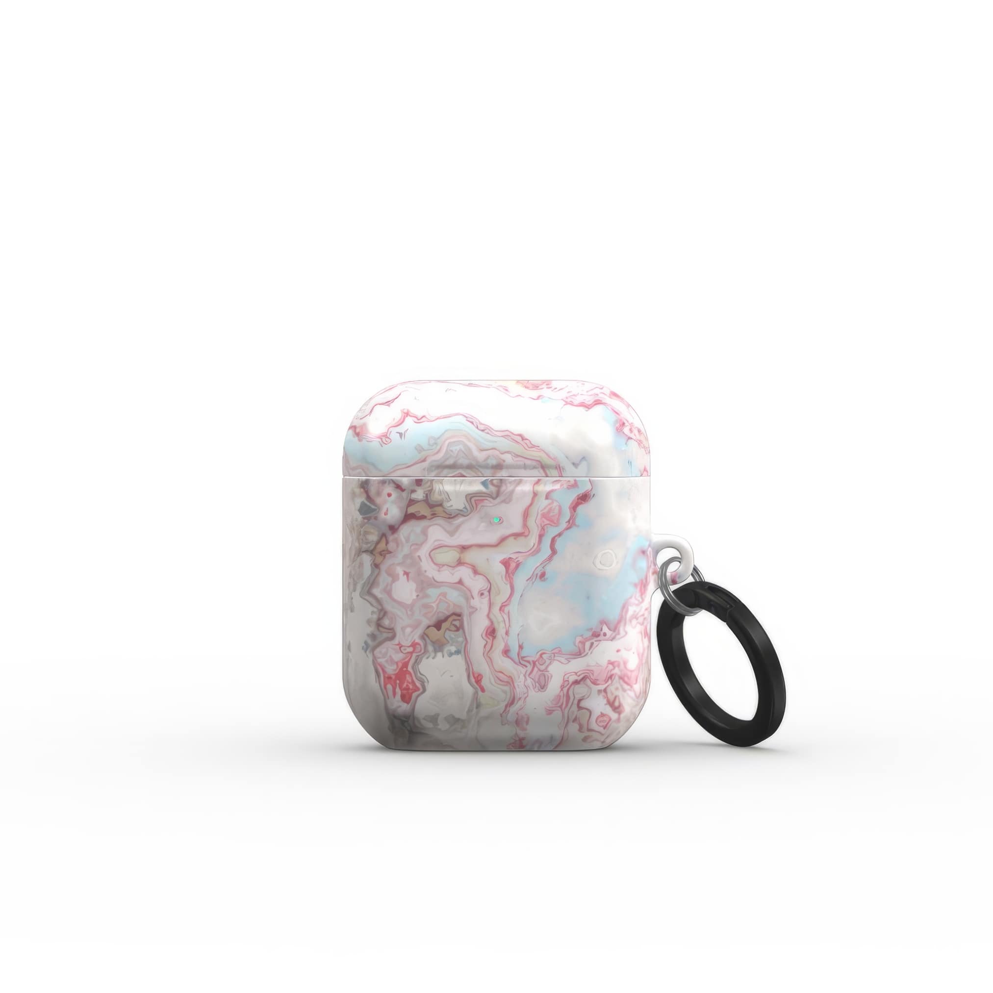 AirPods 1 and 2case front view; Divine Blue River pattern, artistic, abstract marble pattern. Light blue and pink color combination. Bold expressive aesthetic design. Colorful and interior fit. Elegant.