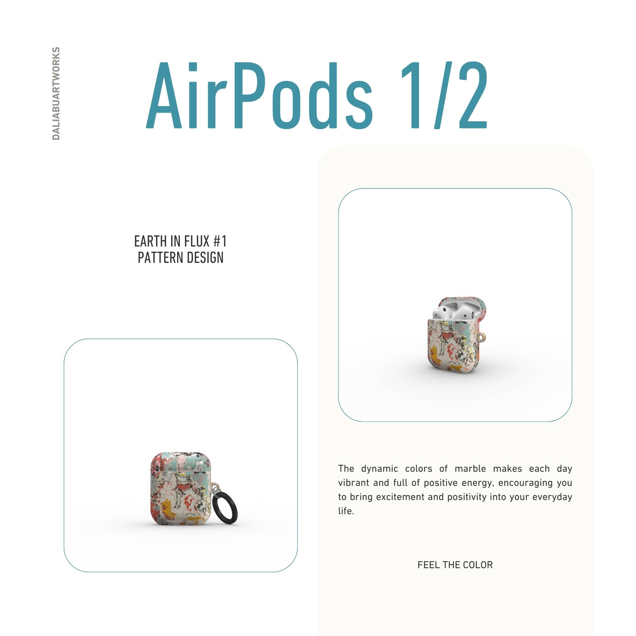 Airpods 1 and 2 case closed front view; Earth in Flux 1 pattern, artistic, abstract marble pattern. Blue and brick red color combination.