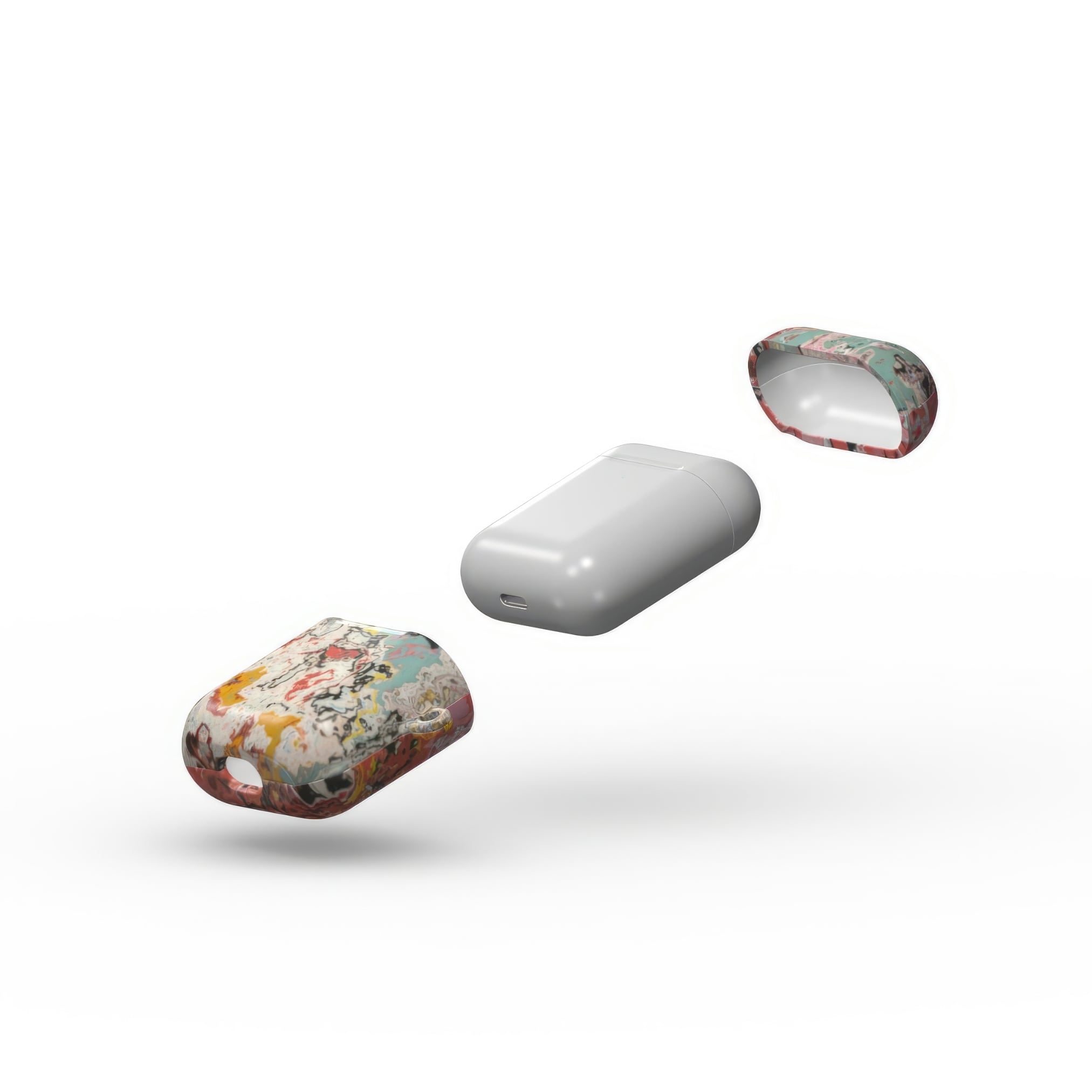 Airpods 1 and 2 case closed extend view; Earth in Flux 1 pattern, artistic, abstract marble pattern. Blue and brick red color combination.