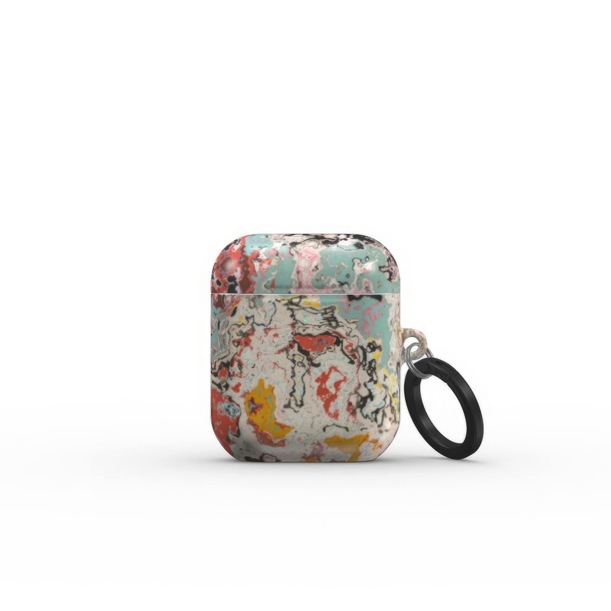 Airpods 1 and 2 case closed front view; Earth in Flux 1 pattern, artistic, abstract marble pattern. Blue and brick red color combination. Bold expressive aesthetic design. Colorful and interior fit. Elegant.