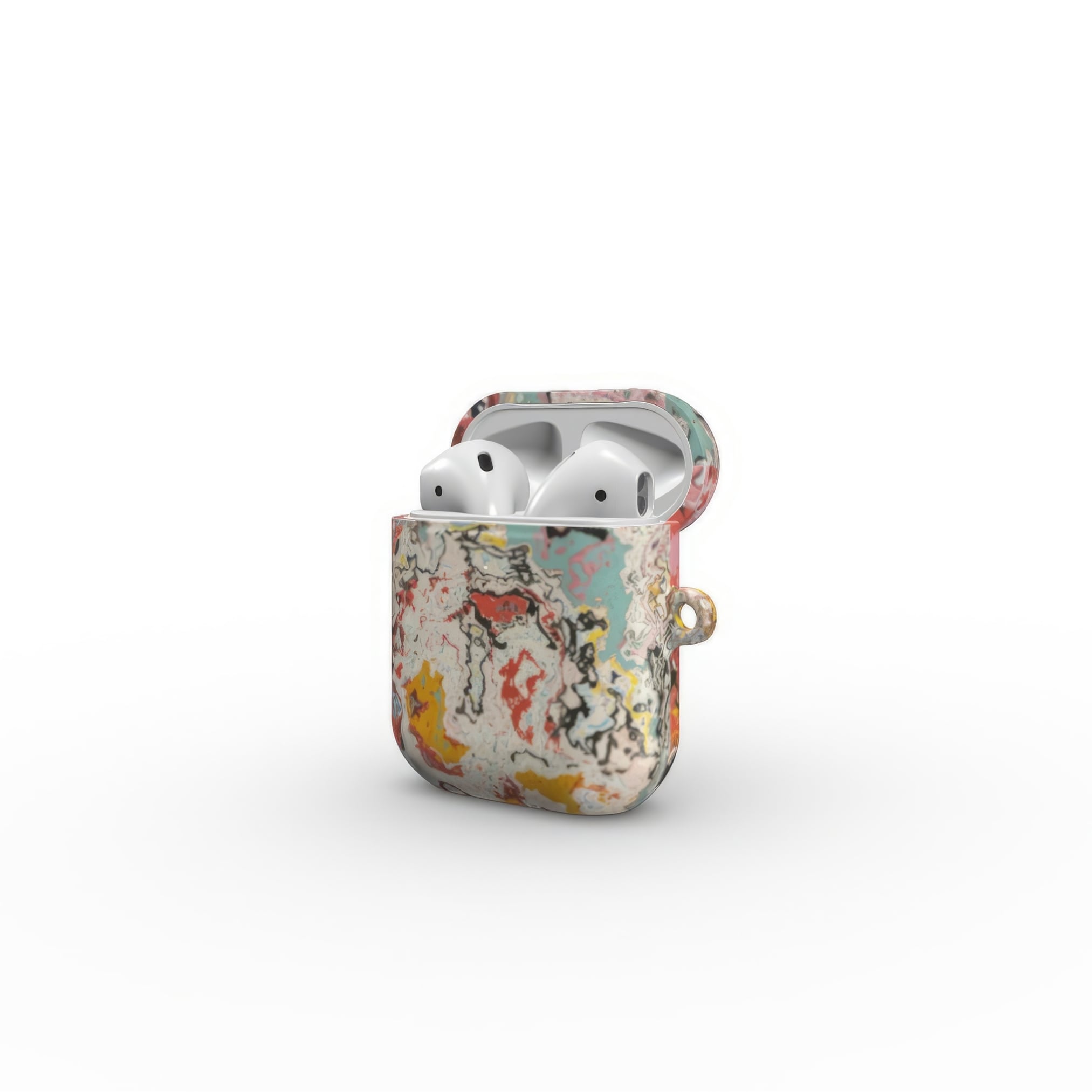 Airpods 1 and 2 case closed side open view; Earth in Flux 1 pattern, artistic, abstract marble pattern. Blue and brick red color combination.