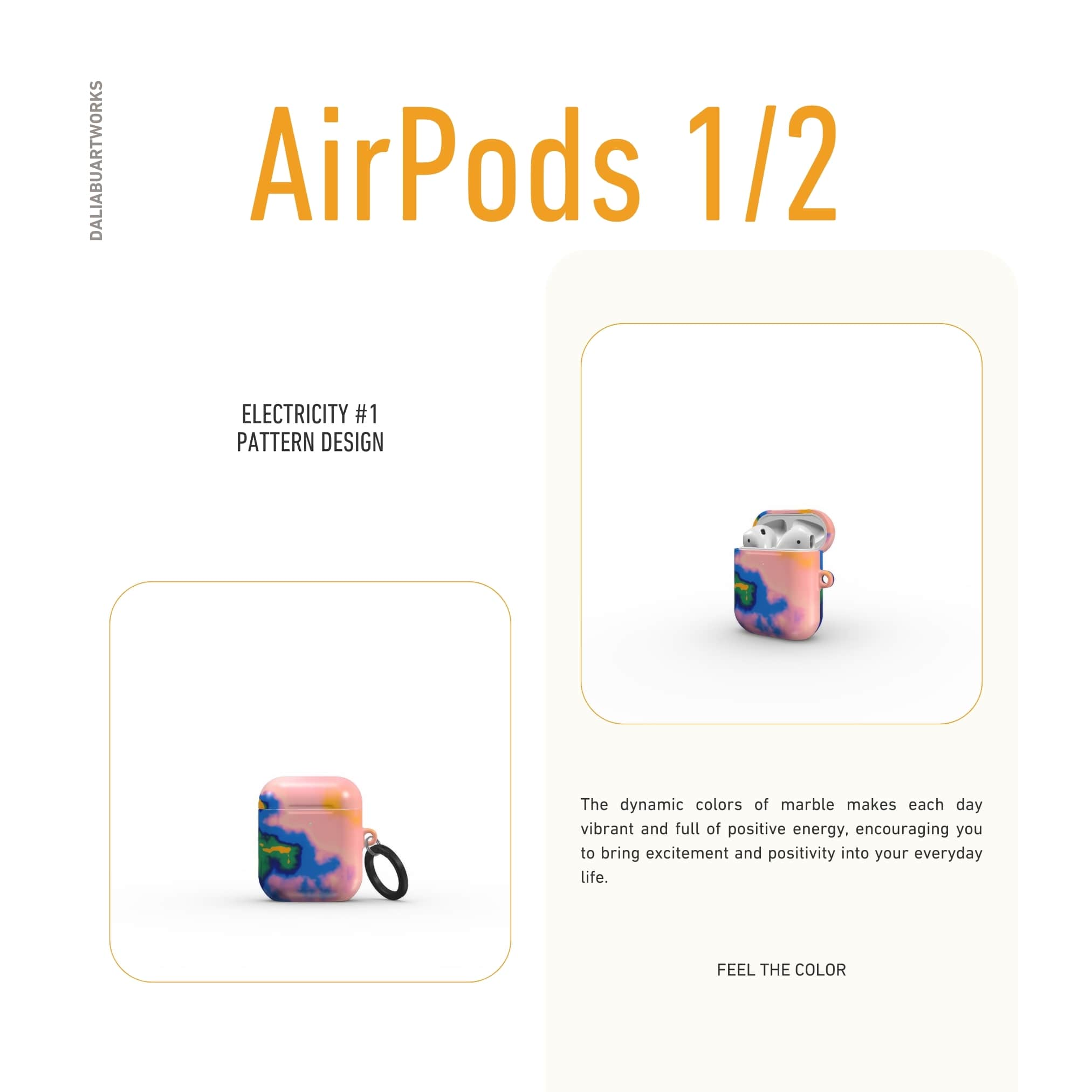 AirPods 1 and 2 case front view; Electricity 1 pattern, artistic, abstract marble pattern. Blue and orange color combination.