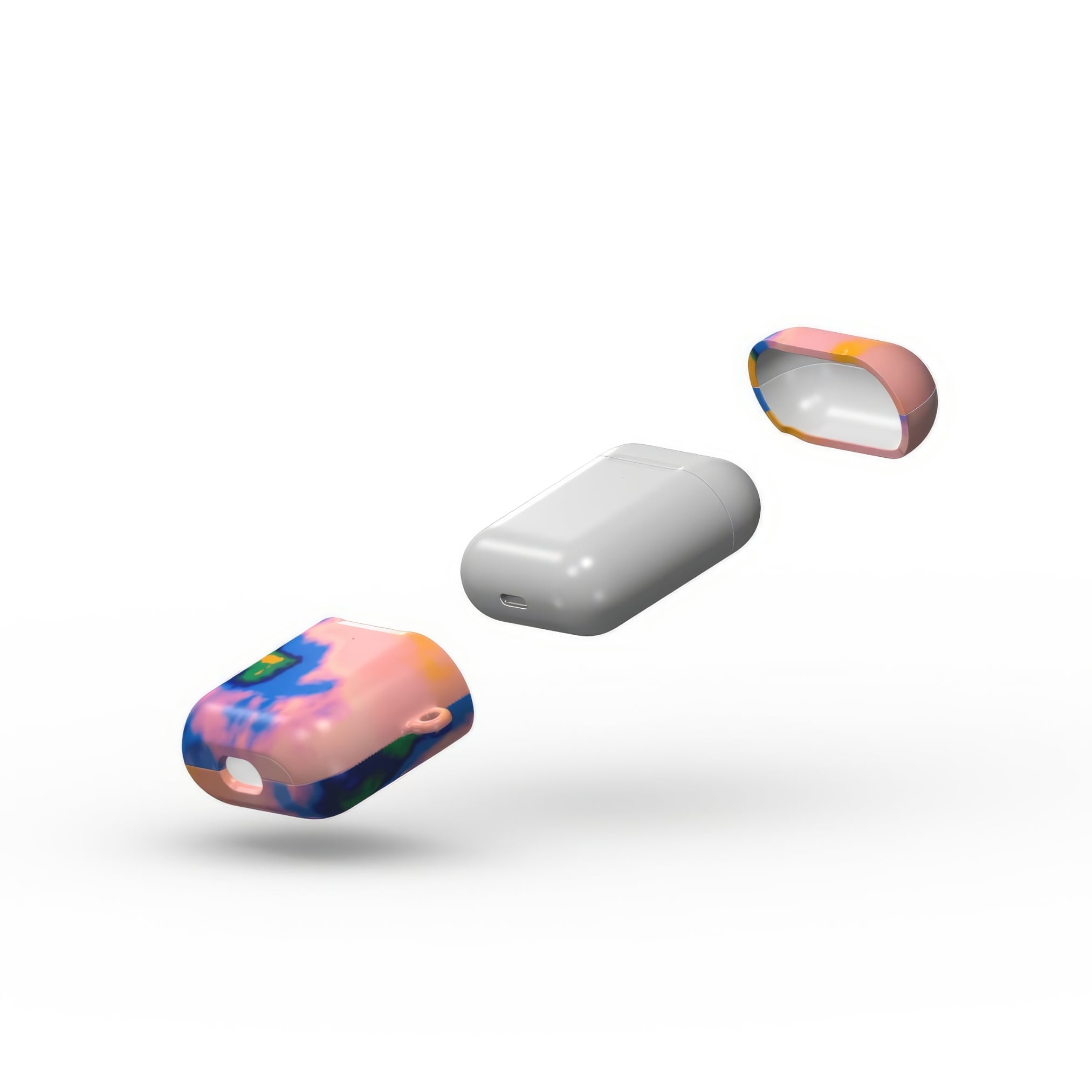 AirPods 1 and 2 case extend view; Electricity 1 pattern, artistic, abstract marble pattern. Blue and orange color combination.