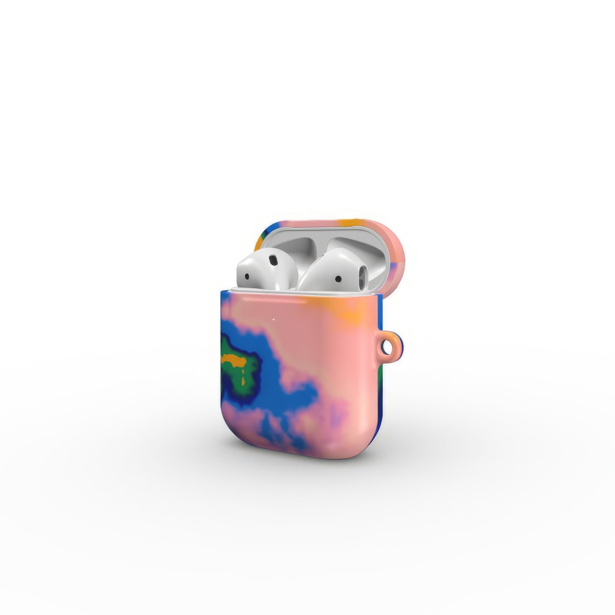 AirPods 1 and 2 case side open view; Electricity 1 pattern, artistic, abstract marble pattern. Blue and orange color combination.