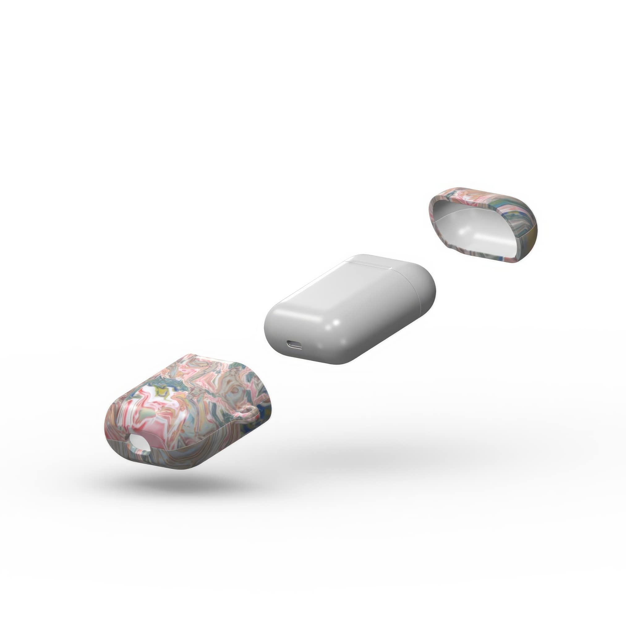 AirPods 1 and 2 tough case extend view; Feel Impress 1 pattern, artistic, abstract marble pattern. Pastel blue, green and red color combination. Inspired by impressionist art.