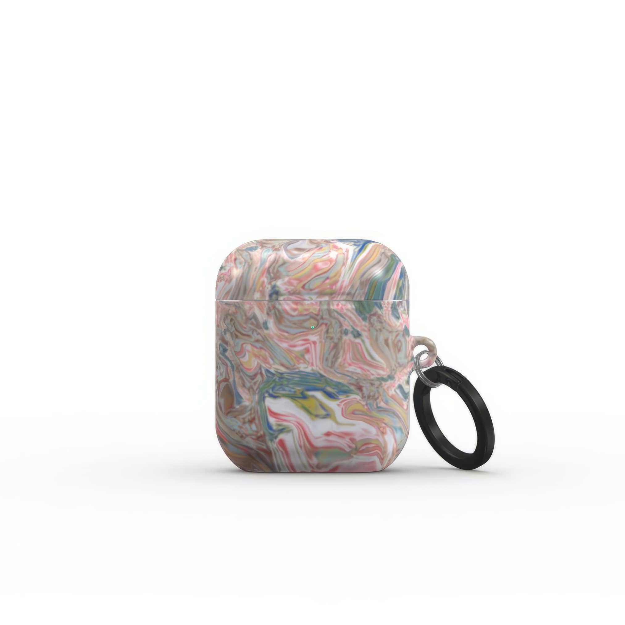 AirPods 1 and 2 tough case front closed view; Feel Impress 1 pattern, artistic, abstract marble pattern. Pastel blue, green and red color combination. Inspired by impressionist art. Bold expressive aesthetic design. Colorful and interior fit. Elegant.