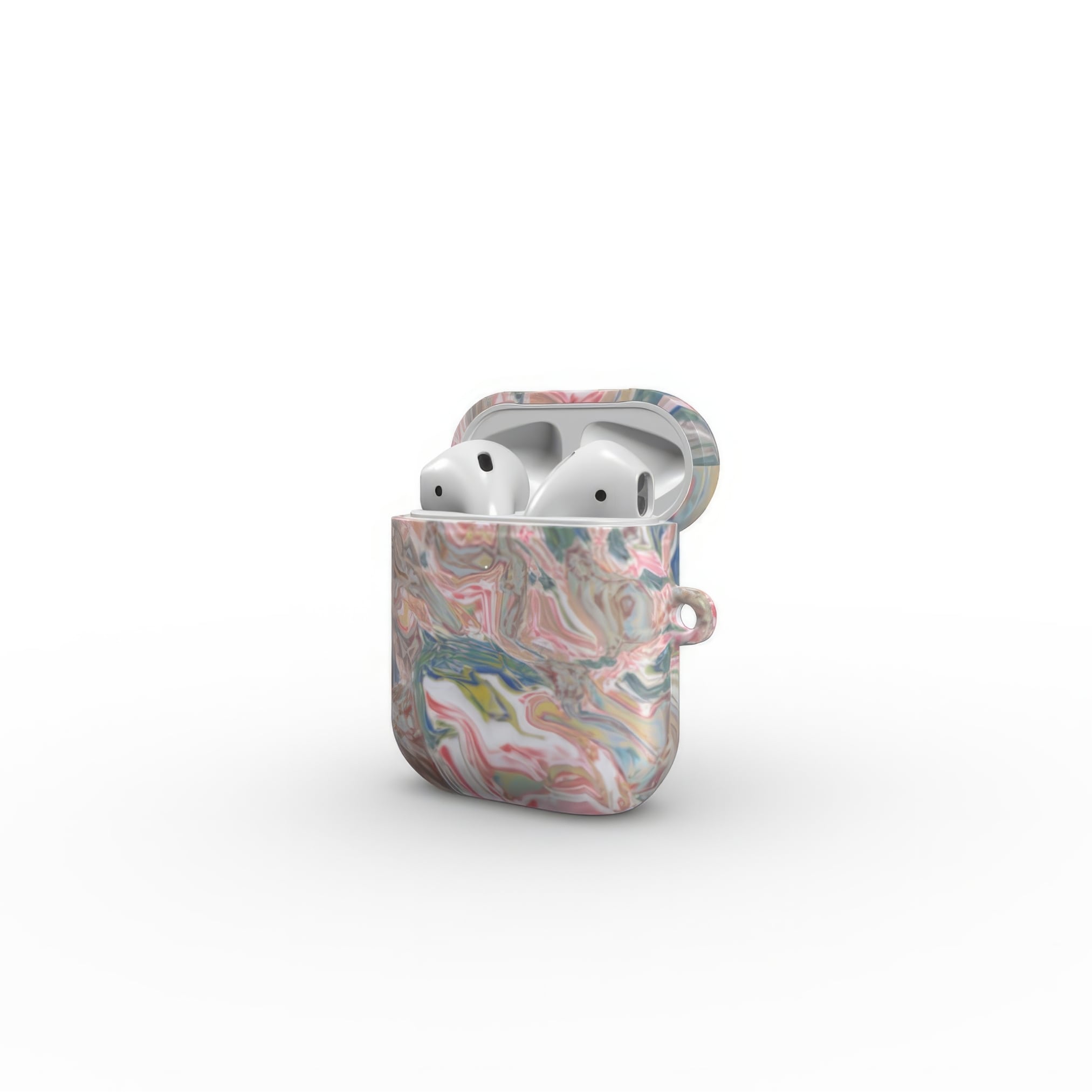 AirPods 1 and 2 tough case side open view; Feel Impress 1 pattern, artistic, abstract marble pattern. Pastel blue, green and red color combination. Inspired by impressionist art.