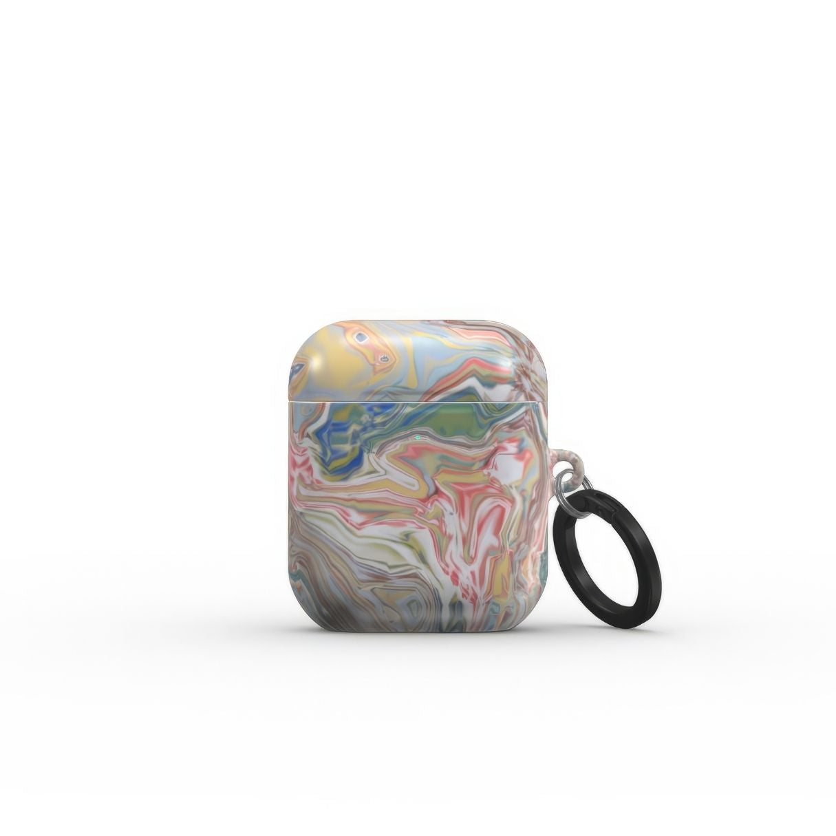 AirPods 1 and 2 tough case front closed view; Feel Impress pattern, artistic, abstract marble pattern. Pastel blue, green and red color combination. Inspired by impressionist art. Bold expressive aesthetic design. Colorful and interior fit. Elegant.