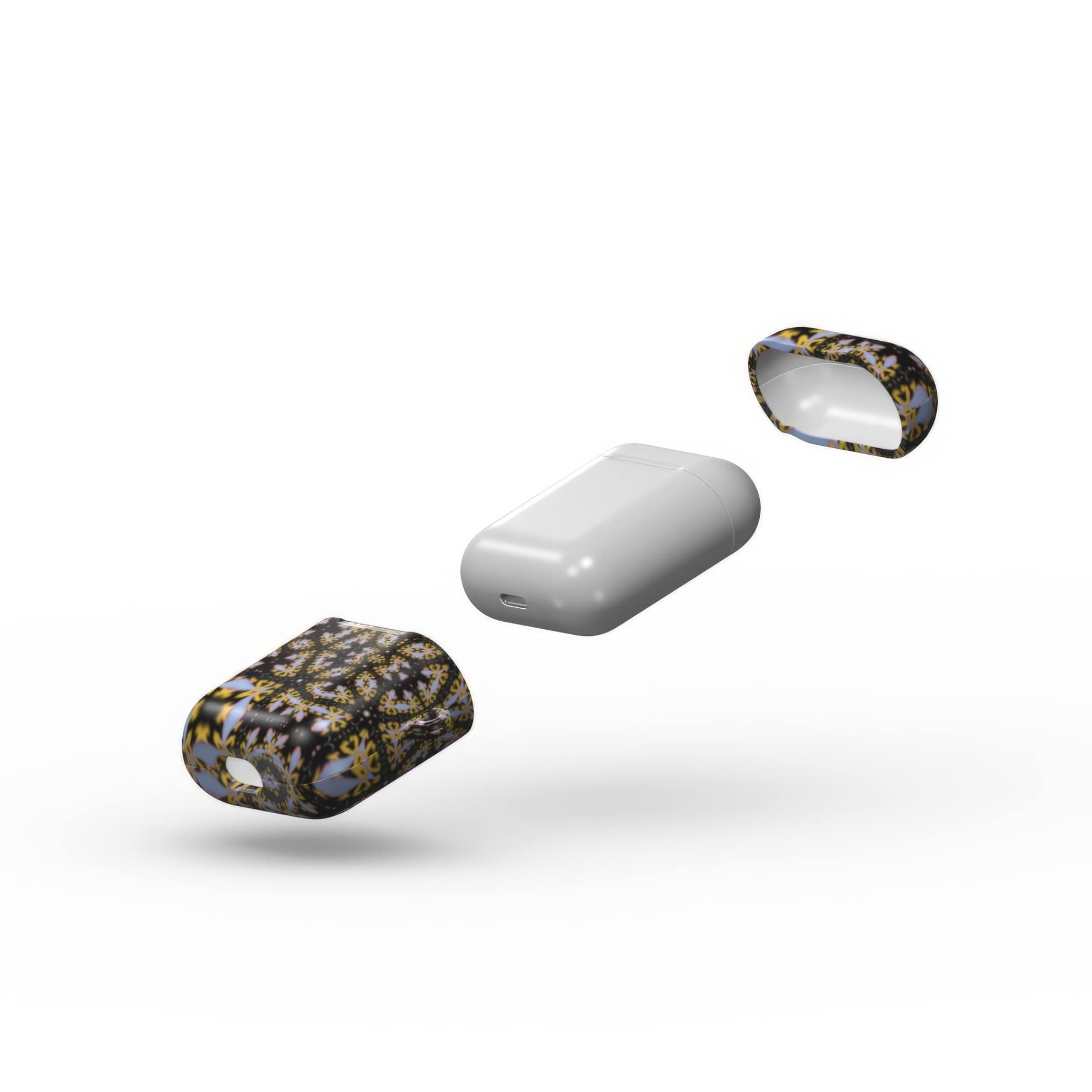 AirPods 1/2 case Fleurs Du Jardin 1 pattern with geometric design, featuring an elegant and expressive aesthetic shape. Main colors are blue, yellow and dark purple. Extend view.