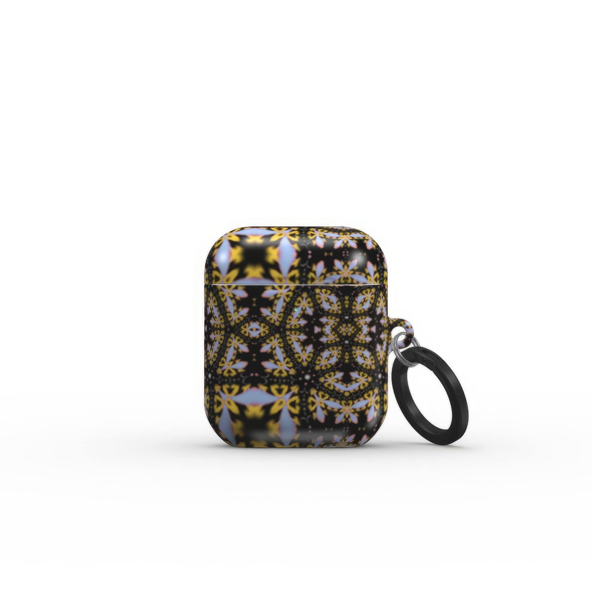 AirPods 1/2 case Fleurs Du Jardin 1 pattern with geometric design, featuring an elegant and expressive aesthetic shape. Main colors are blue, yellow and dark purple. Front view.
