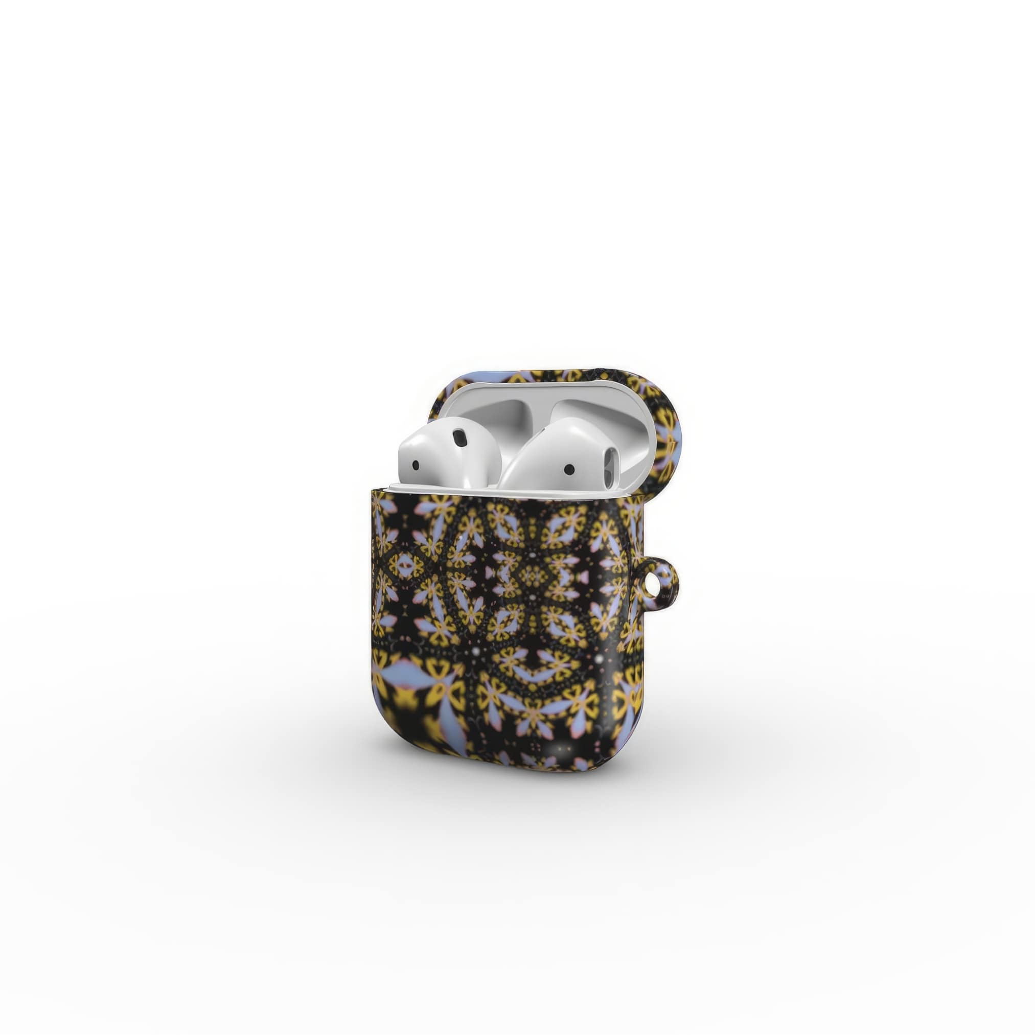 AirPods 1/2 case Fleurs Du Jardin 1 pattern with geometric design, featuring an elegant and expressive aesthetic shape. Main colors are blue, yellow and dark purple. Side view.