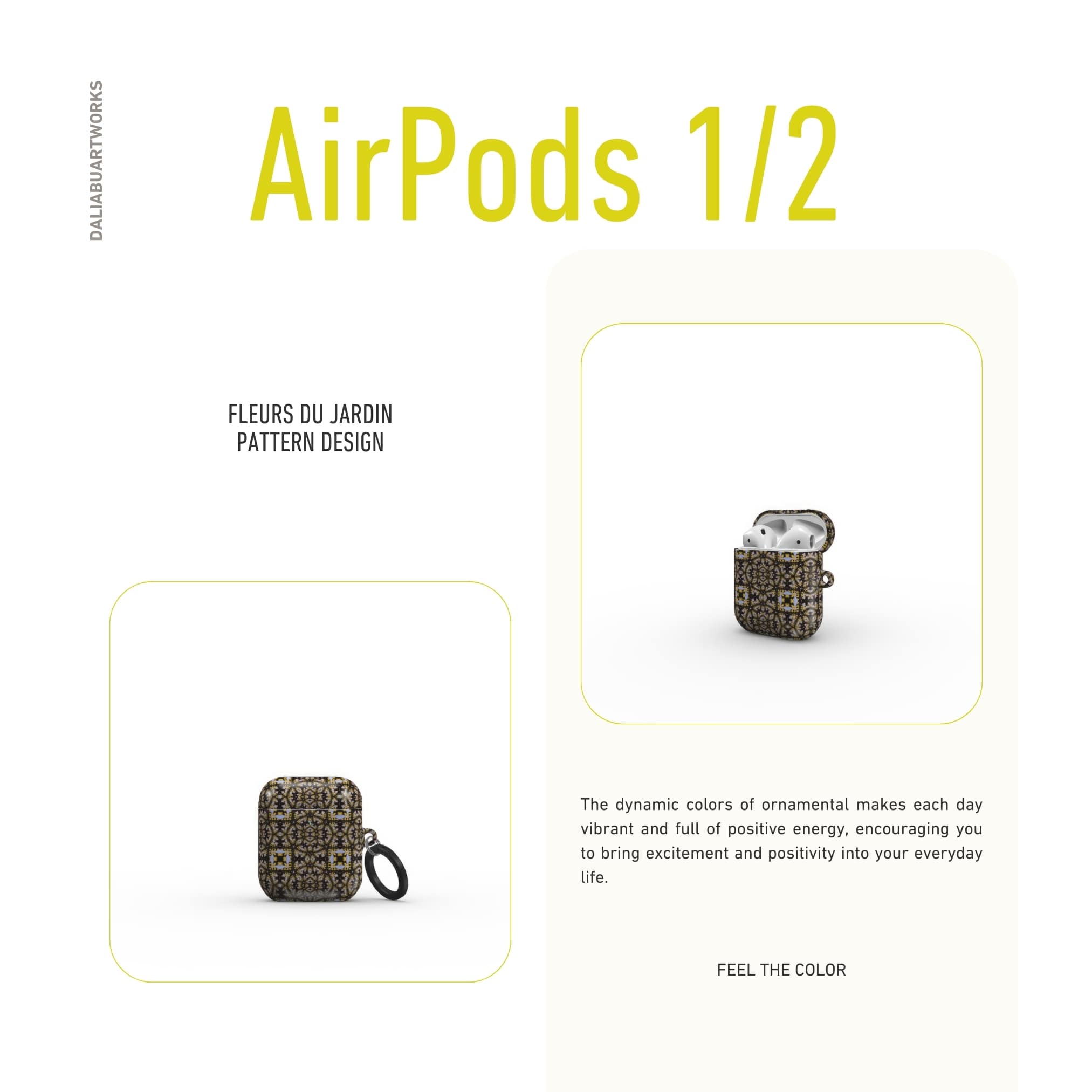 AirPods 1/2 case Fleurs Du Jardin pattern with geometric design, featuring an elegant and expressive aesthetic shape. Main colors are blue, yellow and dark purple. Description.