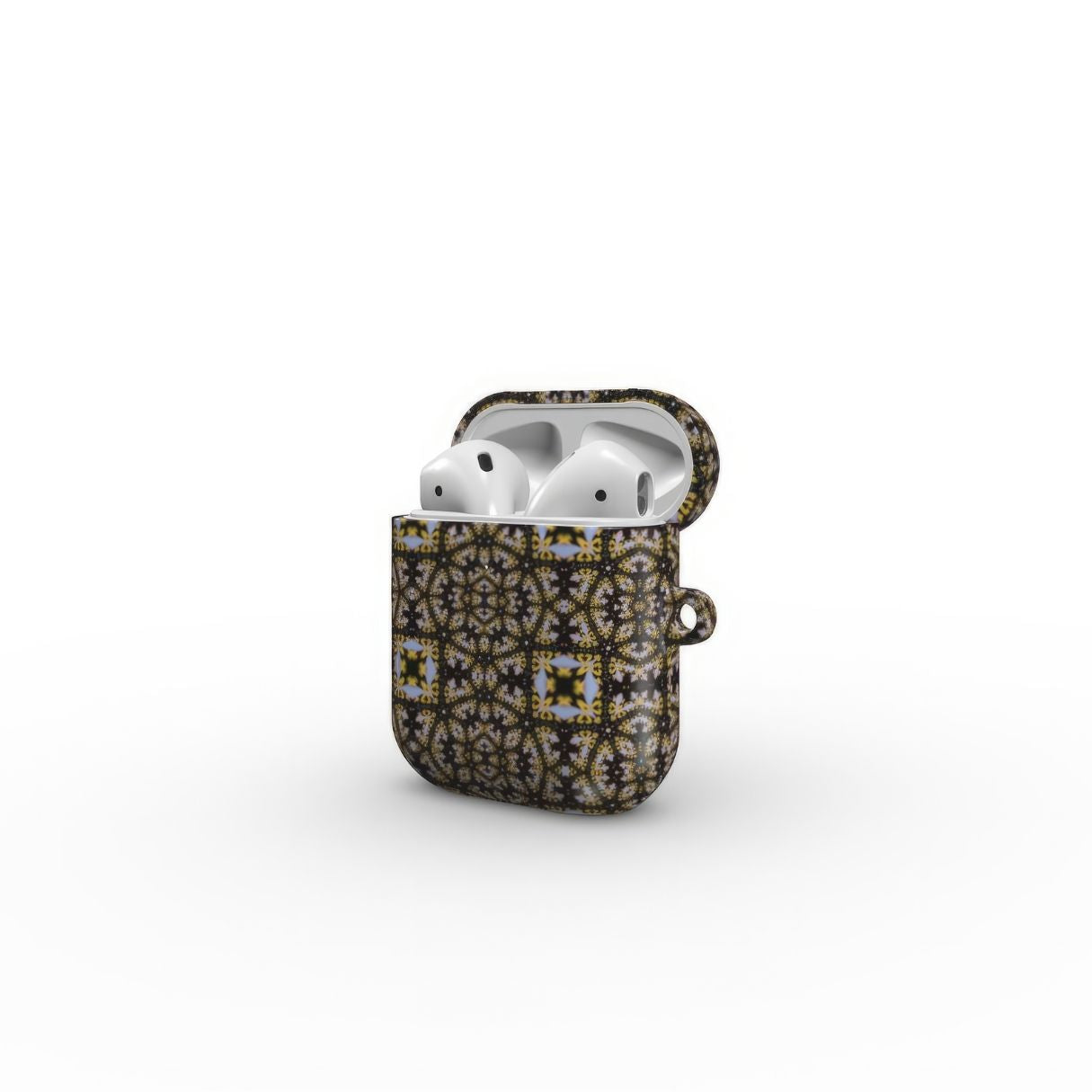 AirPods 1/2 case Fleurs Du Jardin pattern with geometric design, featuring an elegant and expressive aesthetic shape. Main colors are blue, yellow and dark purple. Open side view.