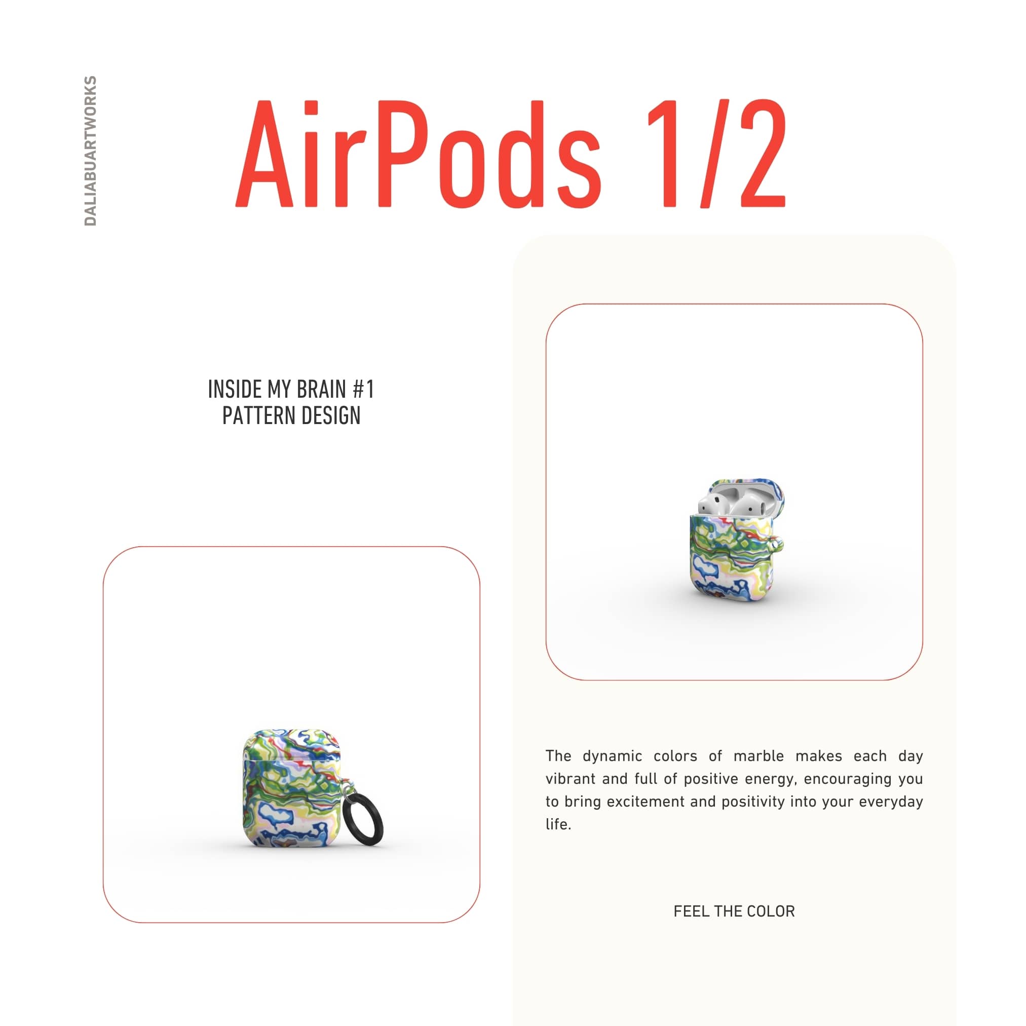 AirPods 1 and 2 tough case front view; Inside My Brain 1 pattern, artistic, abstract marble pattern. Mix color combination.