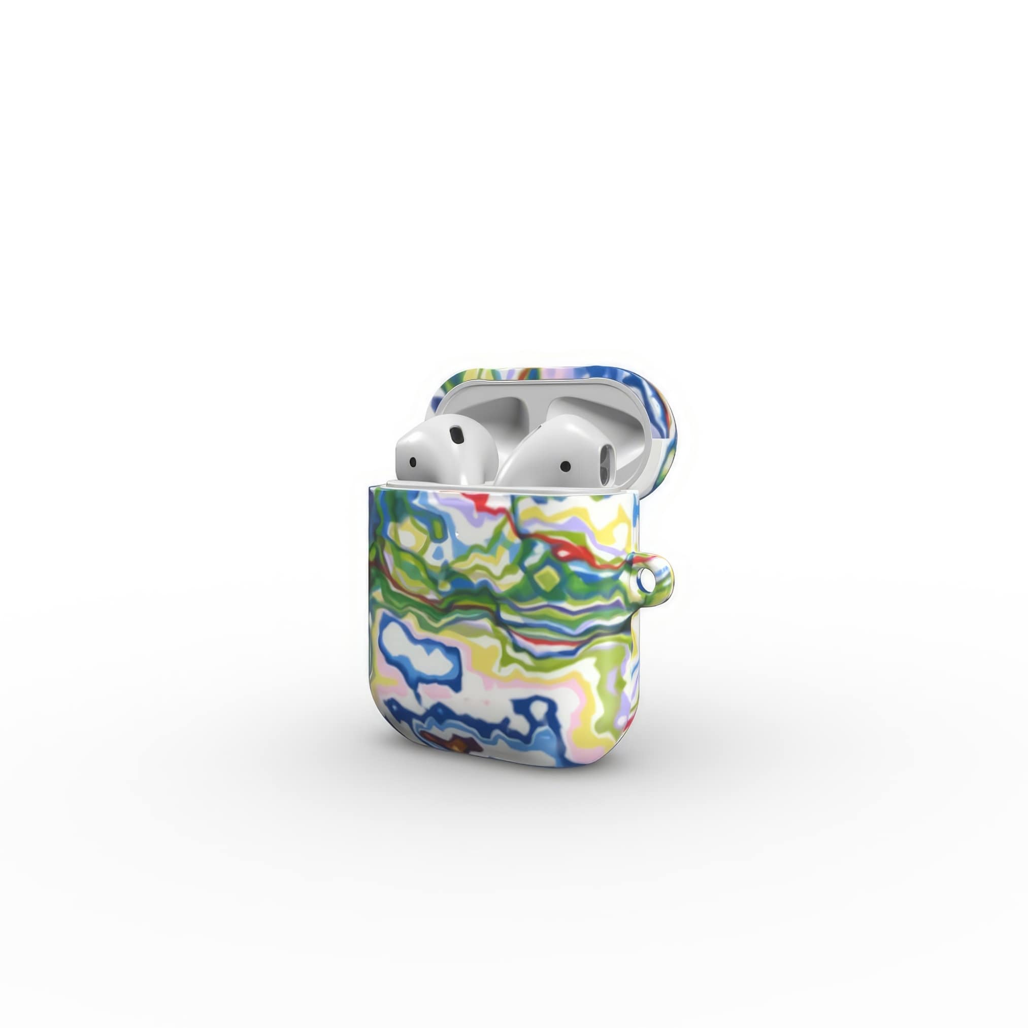 AirPods 1 and 2 tough case open side view; Inside My Brain 1 pattern, artistic, abstract marble pattern. Mix color combination.