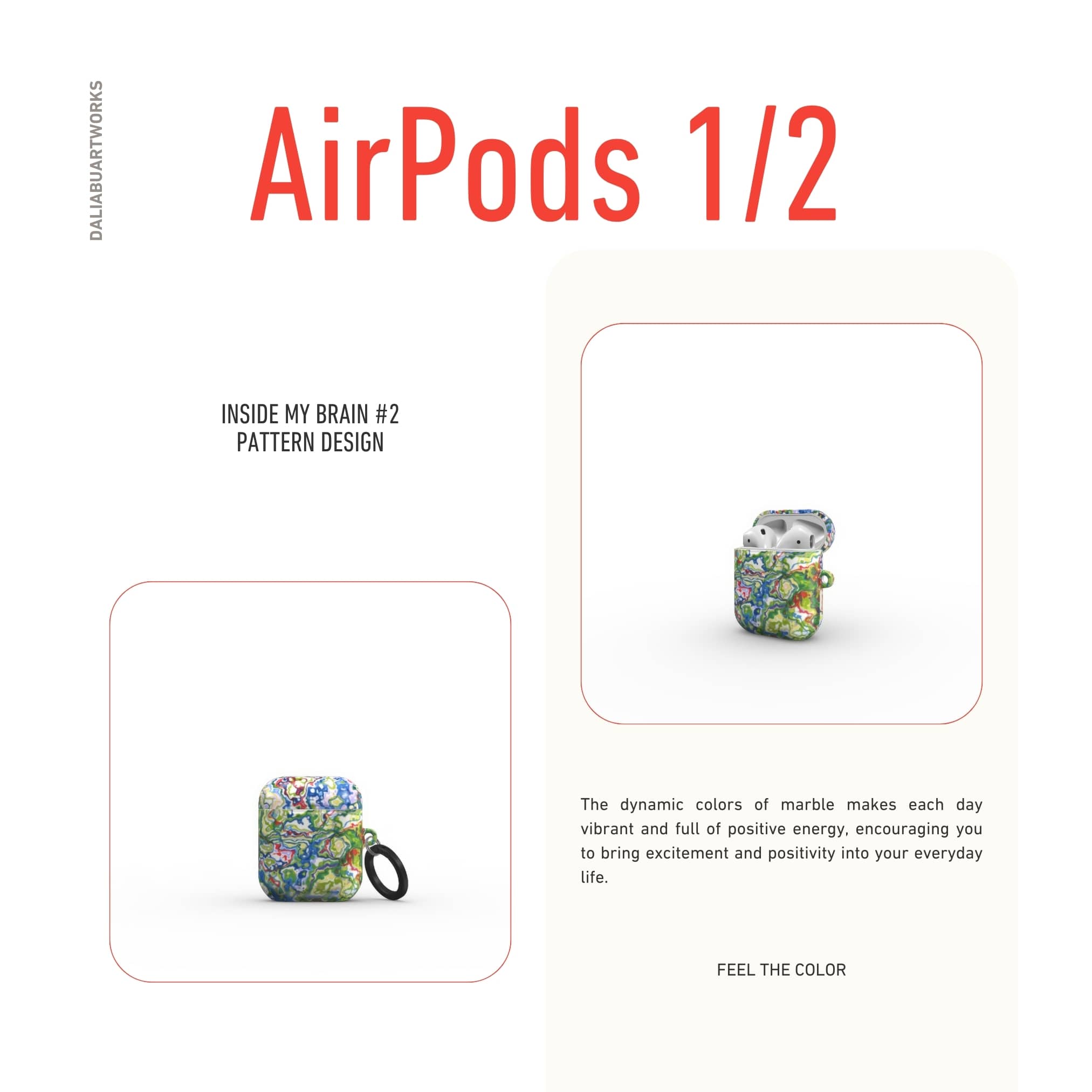 AirPods 1 and 2 case front view; Inside My Brain 2 pattern, artistic, abstract marble pattern. Blue, green and red color combination.