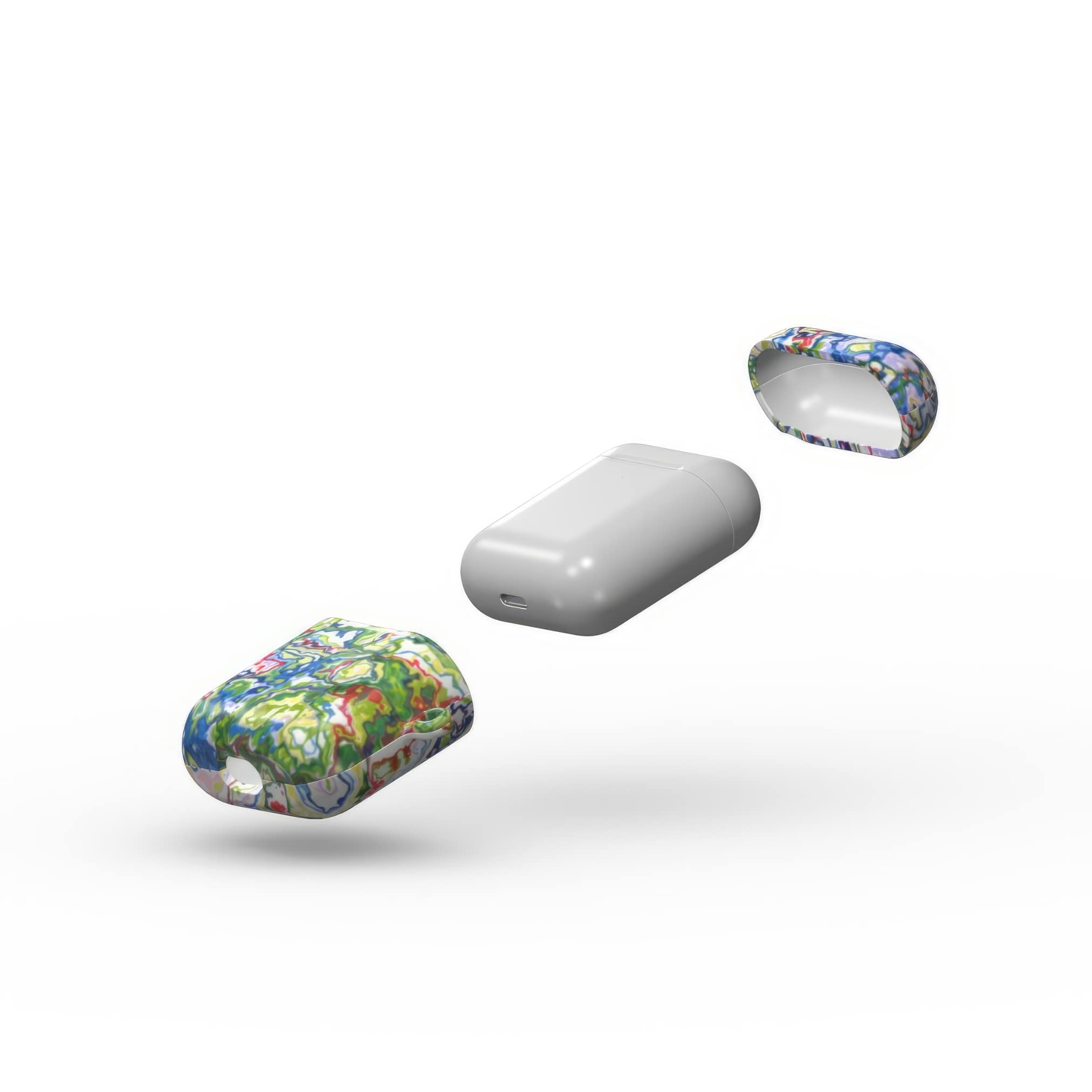 AirPods 1 and 2 case extend view; Inside My Brain 2 pattern, artistic, abstract marble pattern. Blue, green and red color combination.