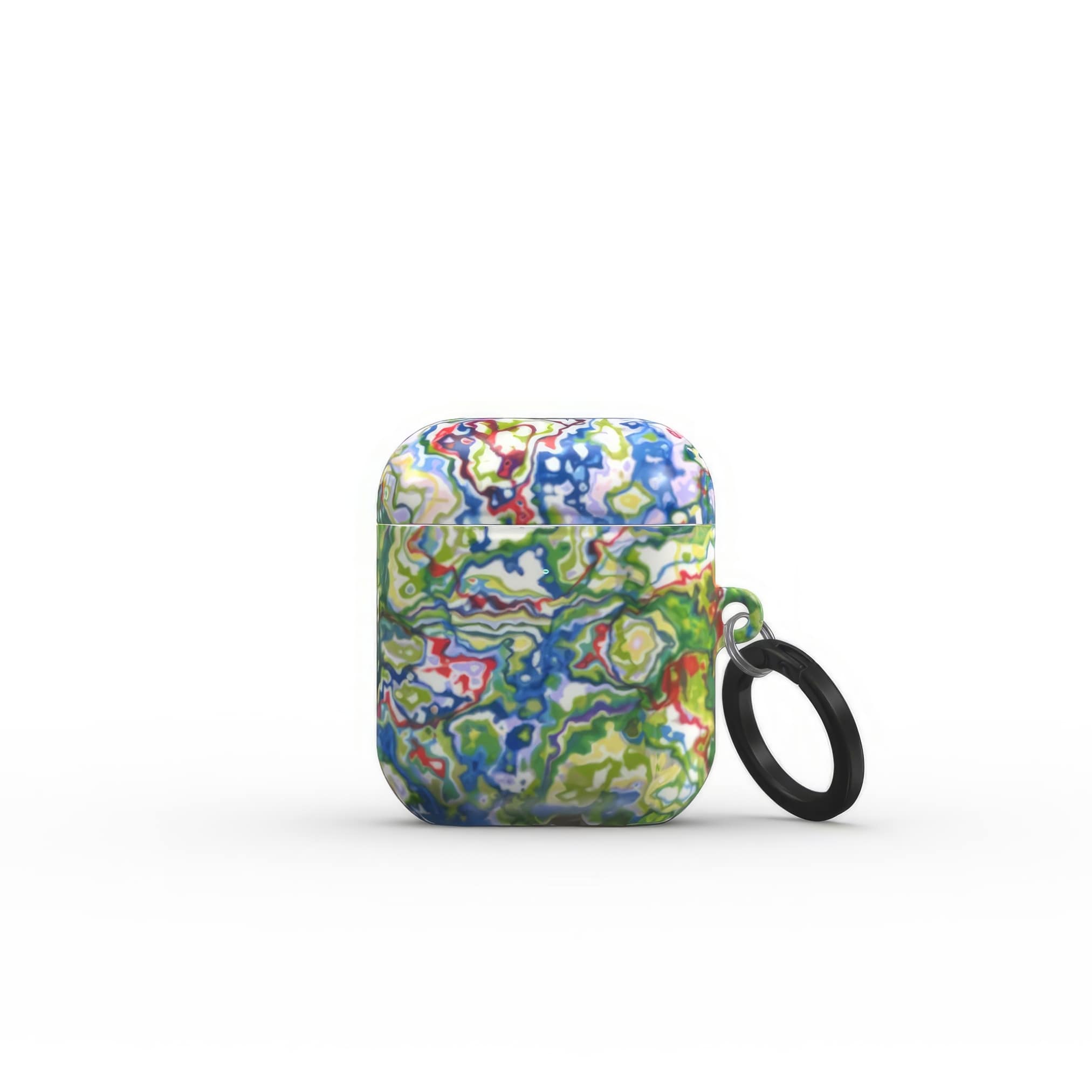 AirPods 1 and 2 case front view; Inside My Brain 2 pattern, artistic, abstract marble pattern. Blue, green and red color combination. Bold expressive aesthetic design. Colorful and interior fit. Elegant.