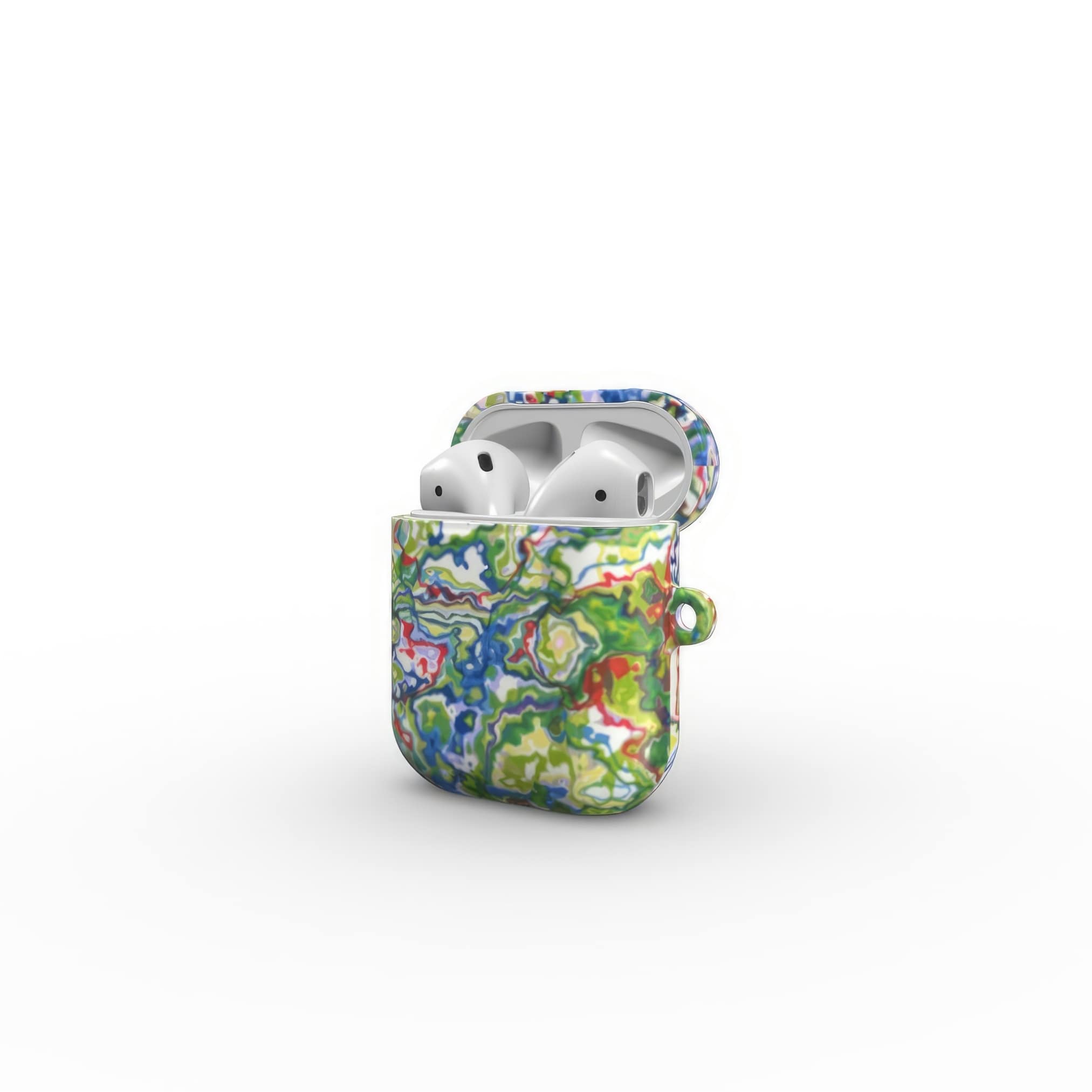 AirPods 1 and 2 case open view; Inside My Brain 2 pattern, artistic, abstract marble pattern. Blue, green and red color combination.
