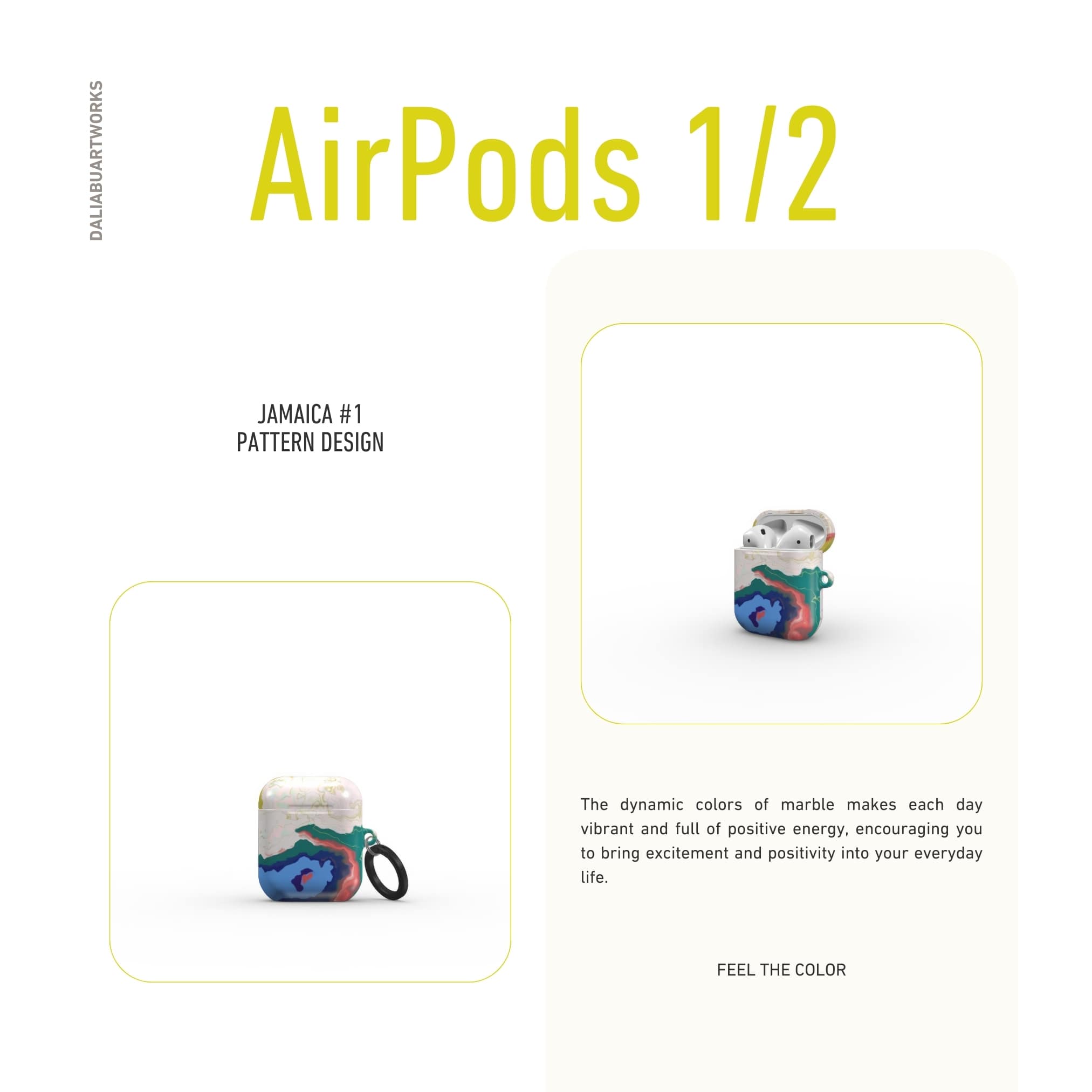 AirPods 1 and 2 tough case front view; Jamaica 1 pattern, artistic, abstract marble pattern. Dark blue, yellow and white color combination.