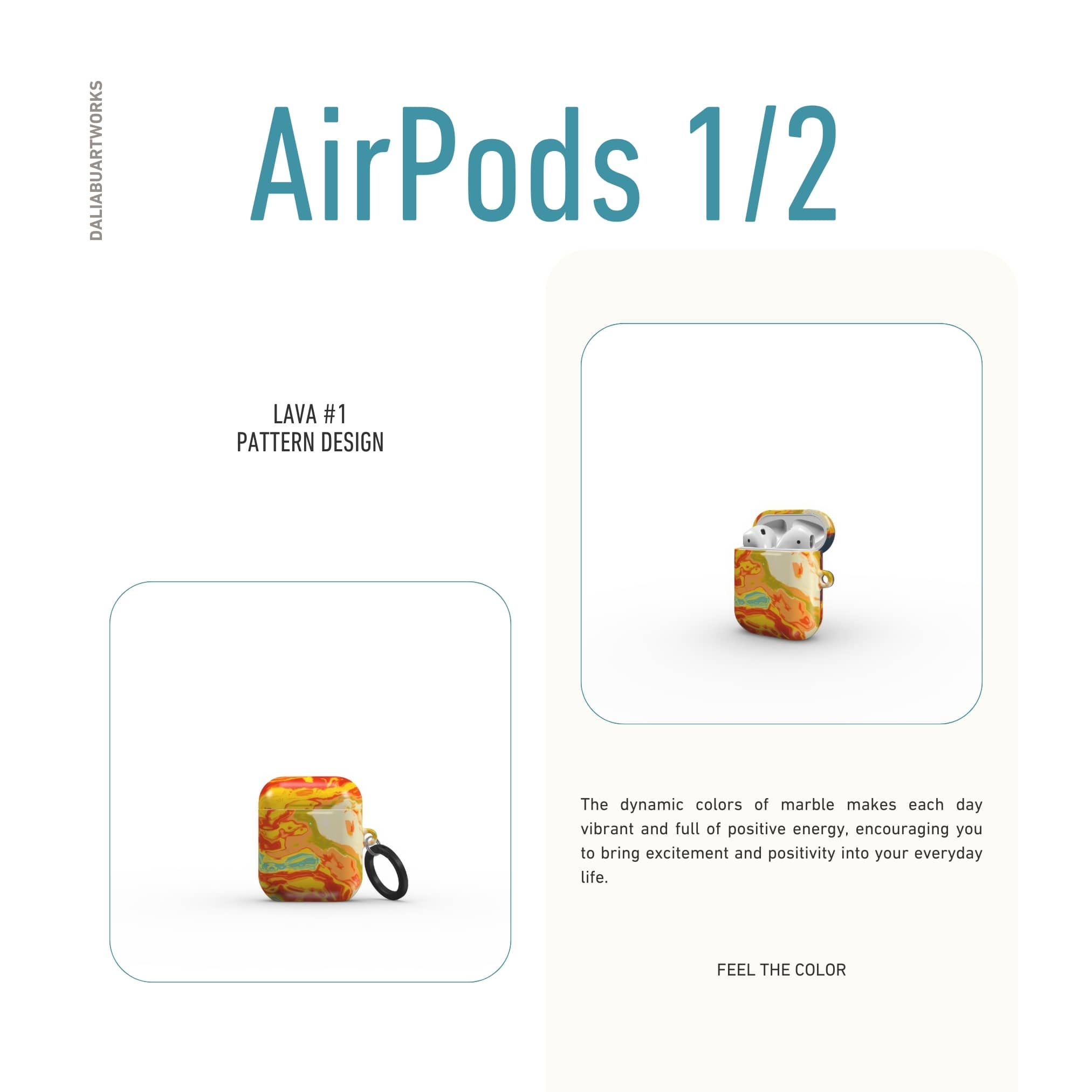 AirPods 1 and 2 tough case with a bold vivid pattern in marble abstract and artistic style, featuring an elegant and expressive aesthetic design. Main colors are navy deep blue, rich yellow, red and marine blue. Front view.