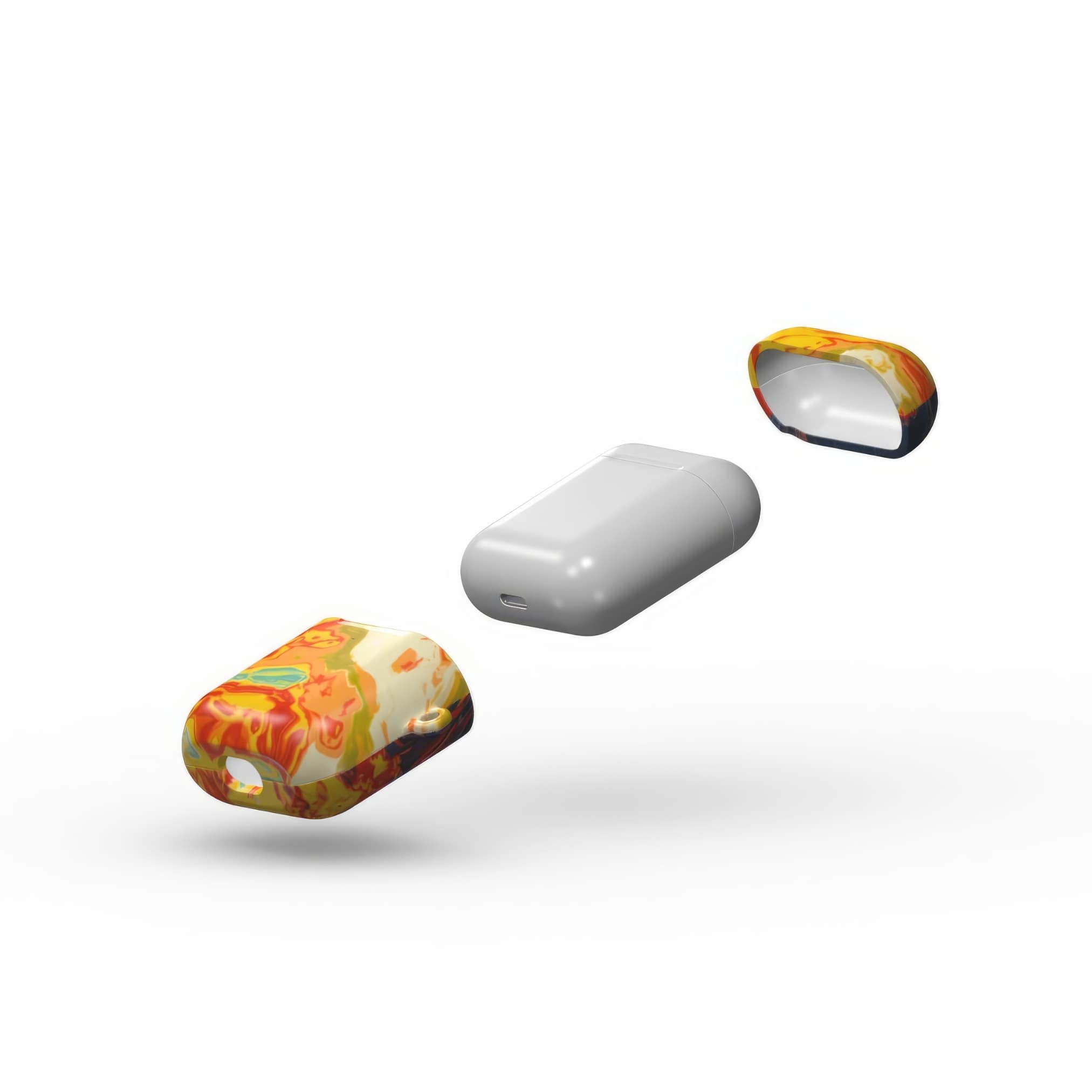AirPods 1 and 2 tough case with a bold vivid pattern in marble abstract and artistic style, featuring an elegant and expressive aesthetic design. Main colors are navy deep blue, rich yellow, red and marine blue. Extend view.