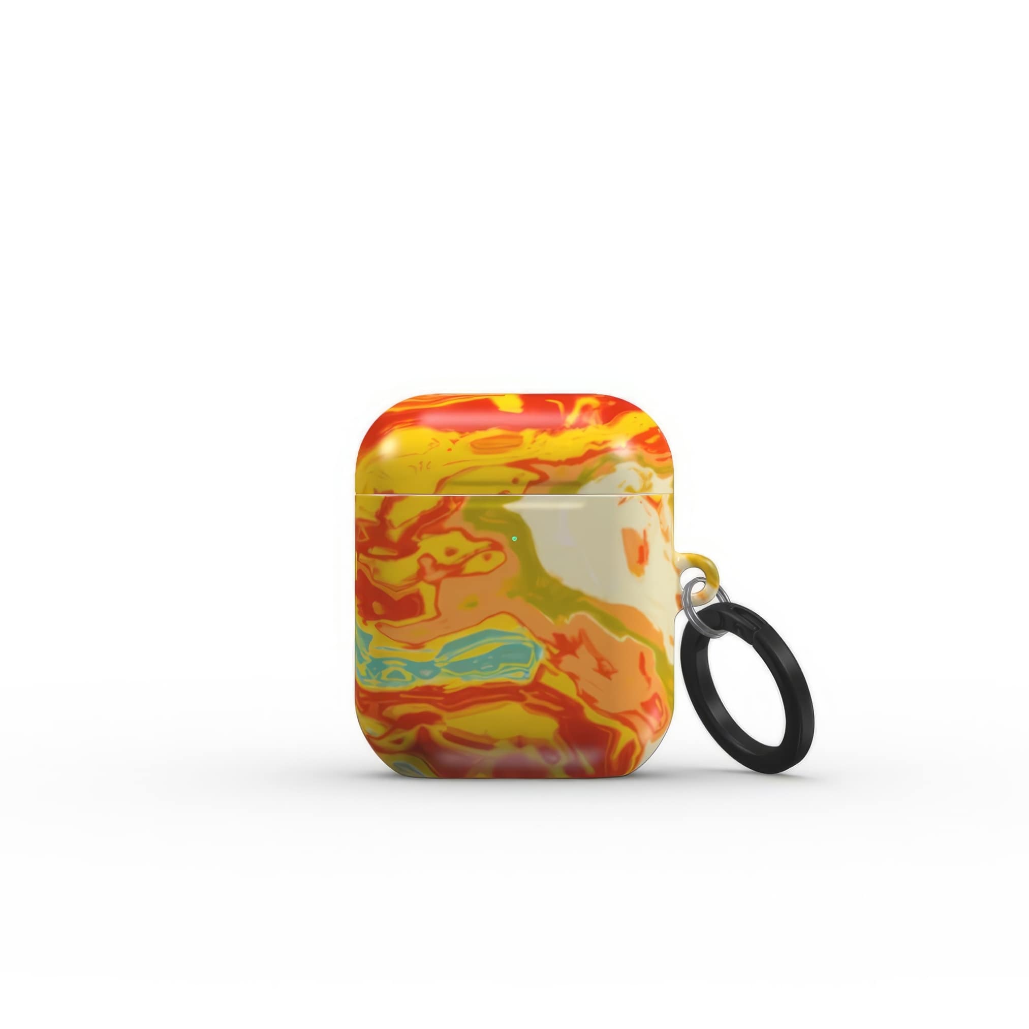 AirPods 1 and 2 tough case with a bold vivid pattern in marble abstract and artistic style, featuring an elegant and expressive aesthetic design. Main colors are navy deep blue, rich yellow, red and marine blue. Front closed view.