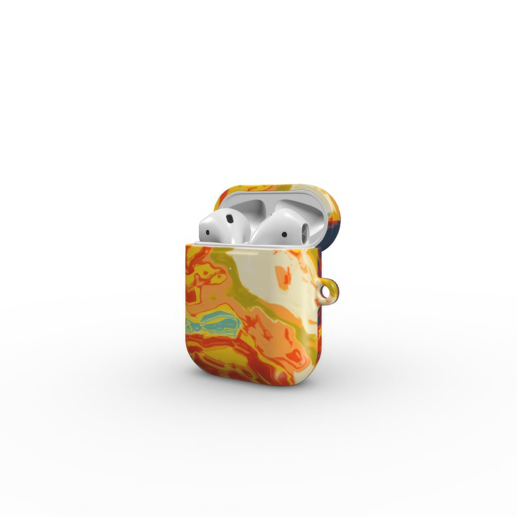 AirPods 1 and 2 tough case with a bold vivid pattern in marble abstract and artistic style, featuring an elegant and expressive aesthetic design. Main colors are navy deep blue, rich yellow, red and marine blue. Side open view.