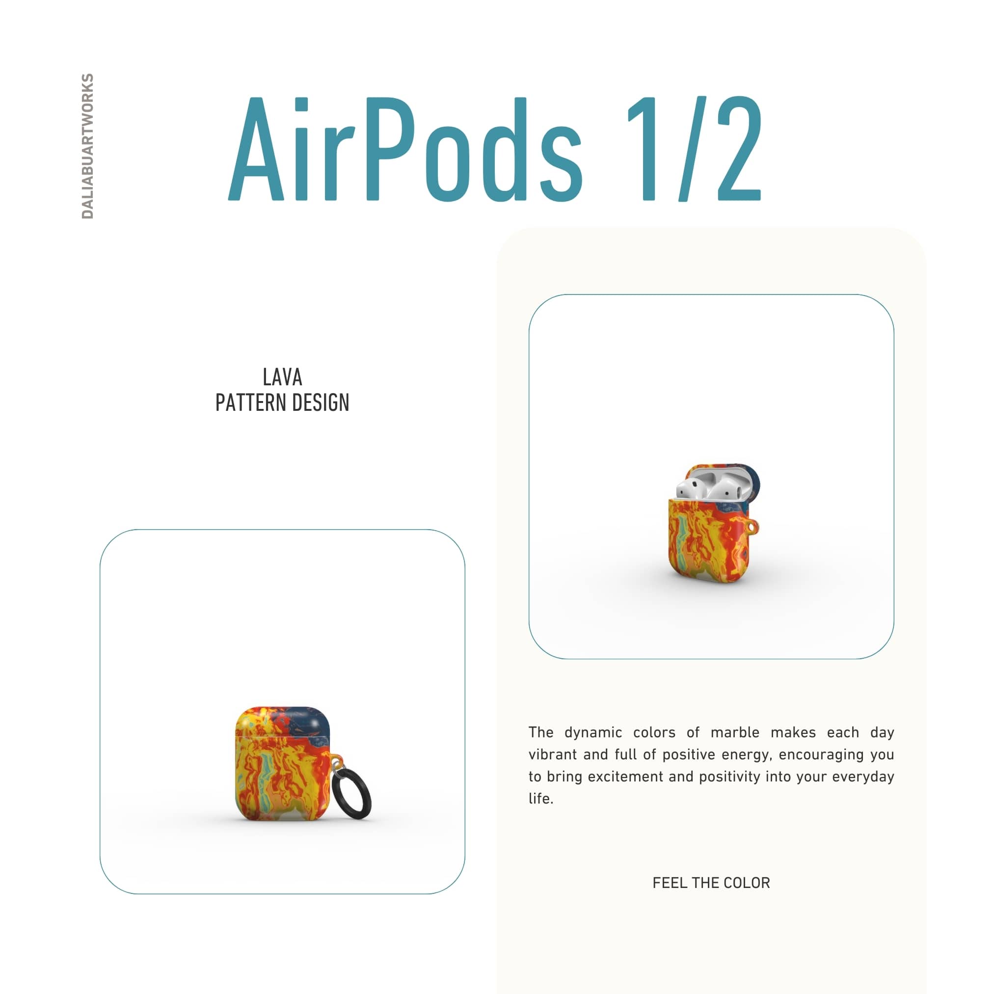 AirPods 1/2 tough case with a bold vivid pattern in marble abstract and artistic style, featuring an elegant and expressive aesthetic design. Main colors are navy deep blue, rich yellow, red and marine blue. Description.