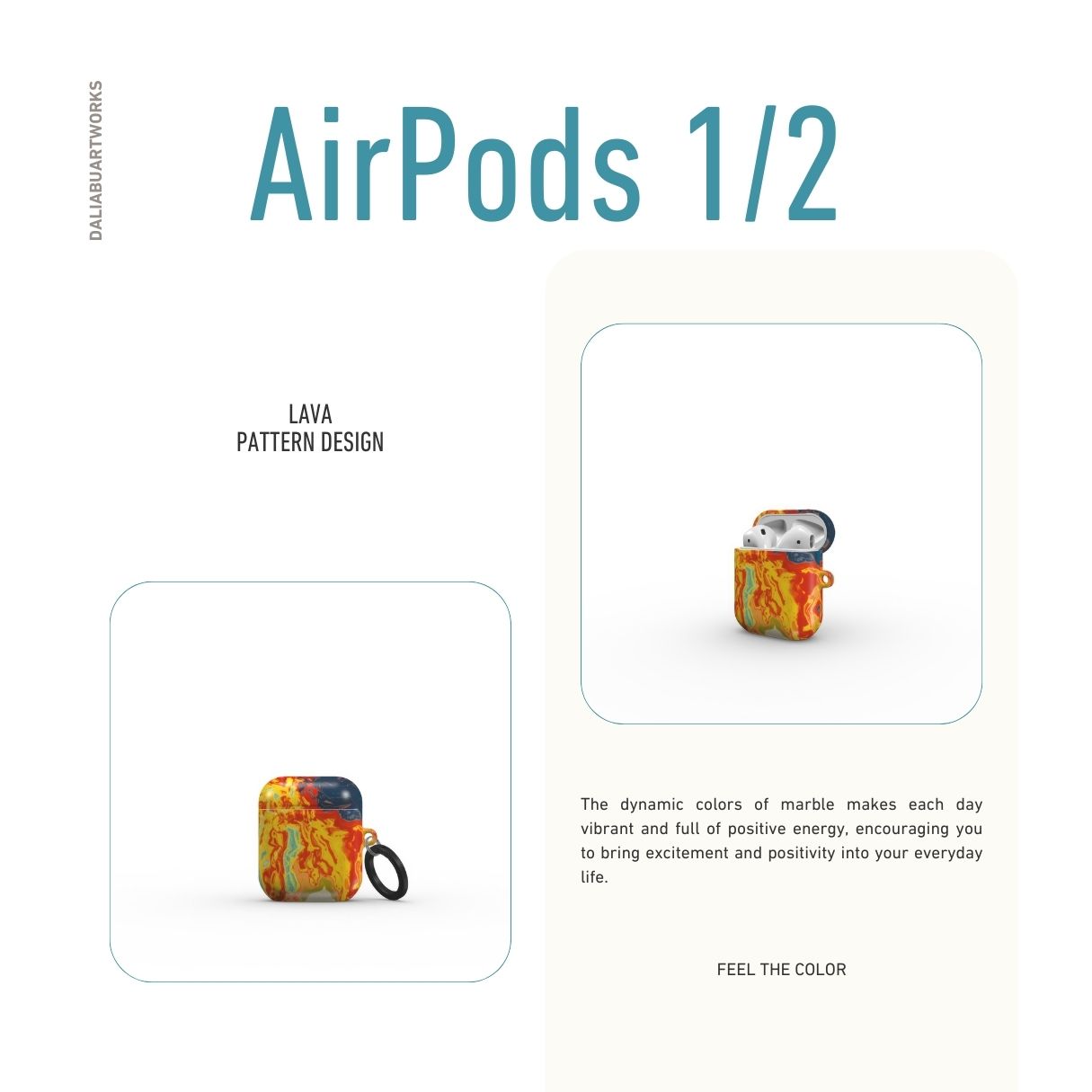 AirPods 1/2 tough case with a bold vivid pattern in marble abstract and artistic style, featuring an elegant and expressive aesthetic design. Main colors are navy deep blue, rich yellow, red and marine blue. Description.
