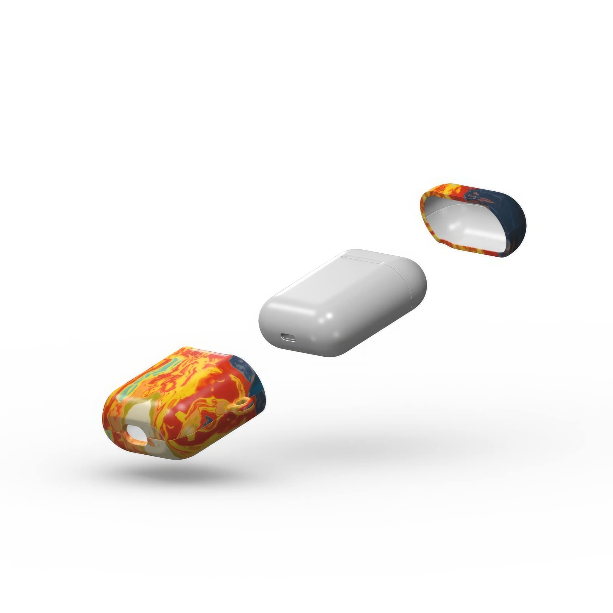 AirPods 1/2 tough case with a bold vivid pattern in marble abstract and artistic style, featuring an elegant and expressive aesthetic design. Main colors are navy deep blue, rich yellow, red and marine blue. Extend view.