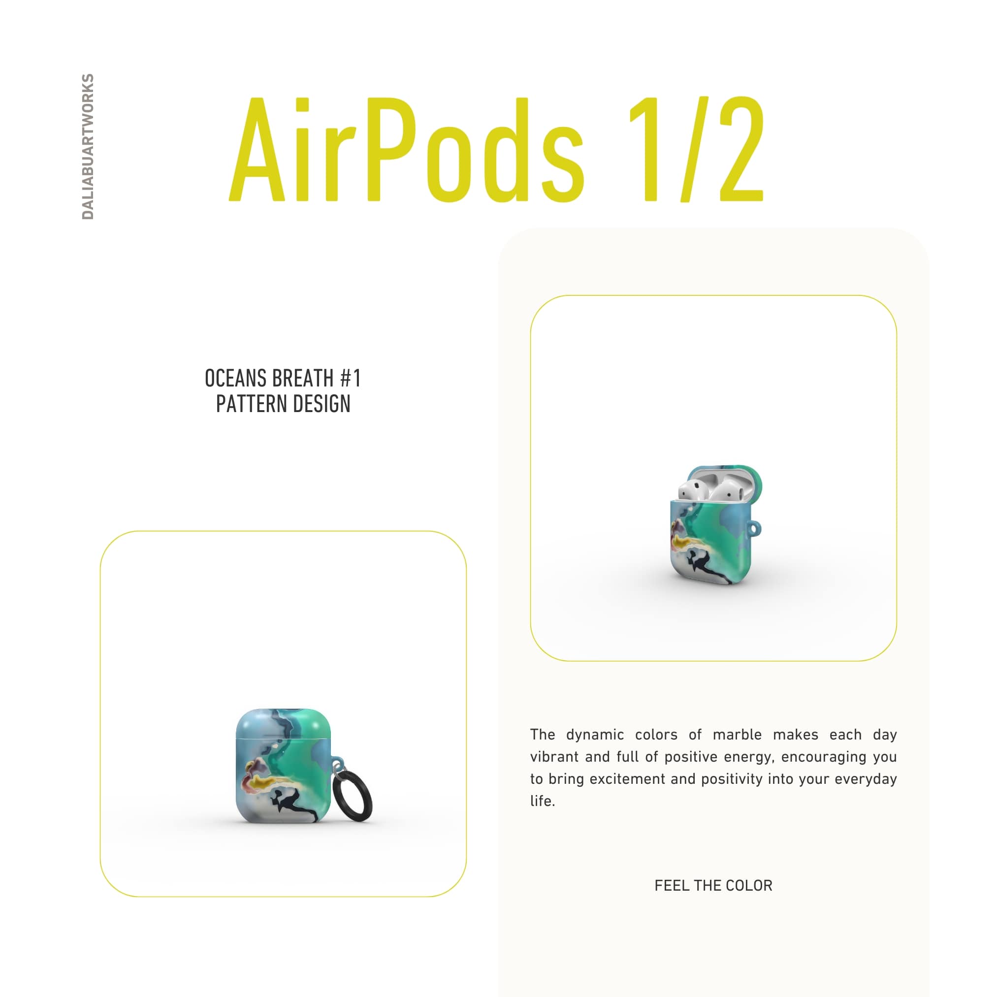 AirPods 1/2 tough case description; Oceans Breath 1 pattern, artistic, abstract marble pattern. Green and blue color combination. Bold expressive aesthetic design. Colorful and interior fit. Elegant.