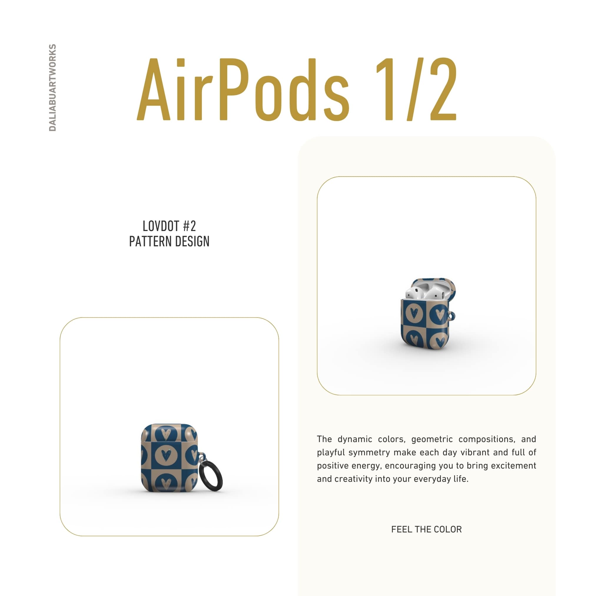 AirPods 1 and 2 case LovDot Blue pattern design with a dynamic geometric symmetry in heart and dot style, featuring an elegant and expressive aesthetic design. Main colors are steel blue and light brown. Front view.