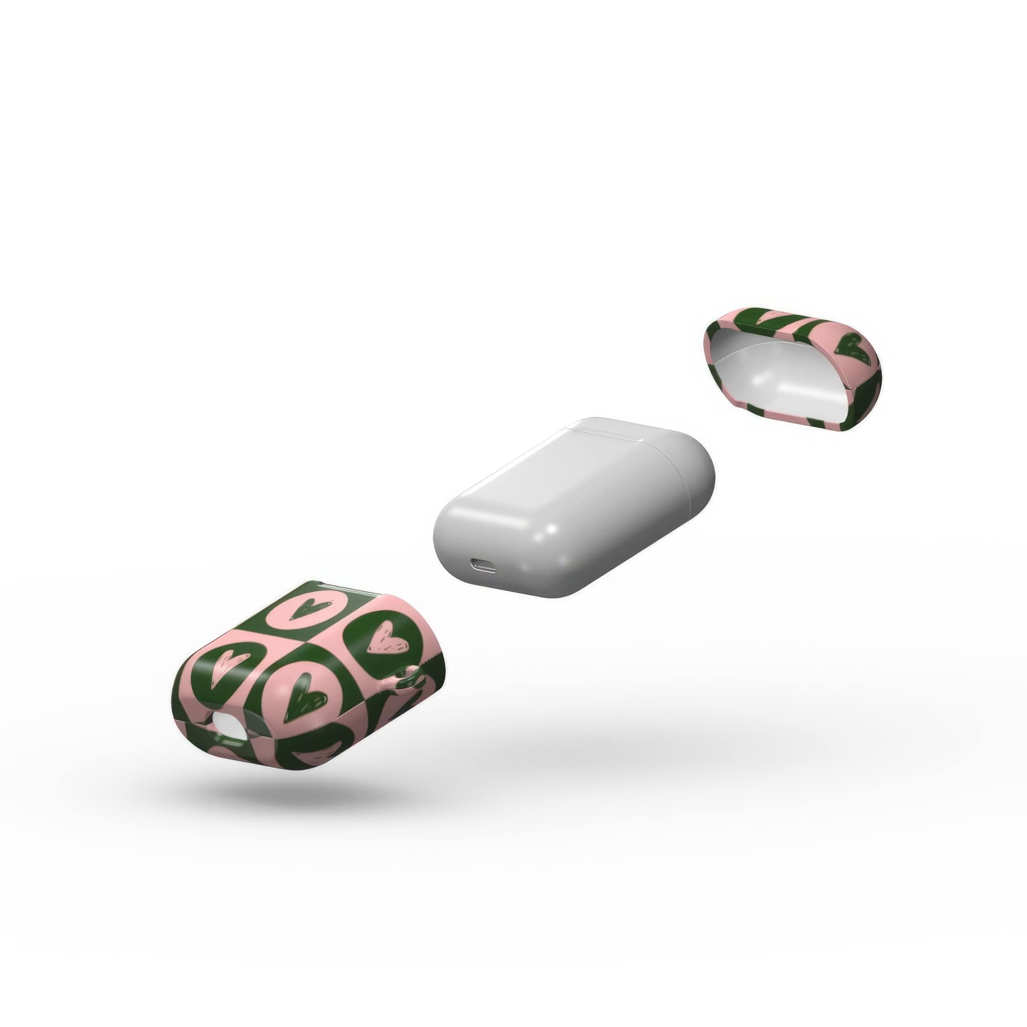 AirPods 1 and 2 case LovDot Vintage Rose pattern design with a dynamic geometric symmetry in heart and dot style, featuring an elegant and expressive aesthetic design. Main colors are vintage pink and green. Extend view.