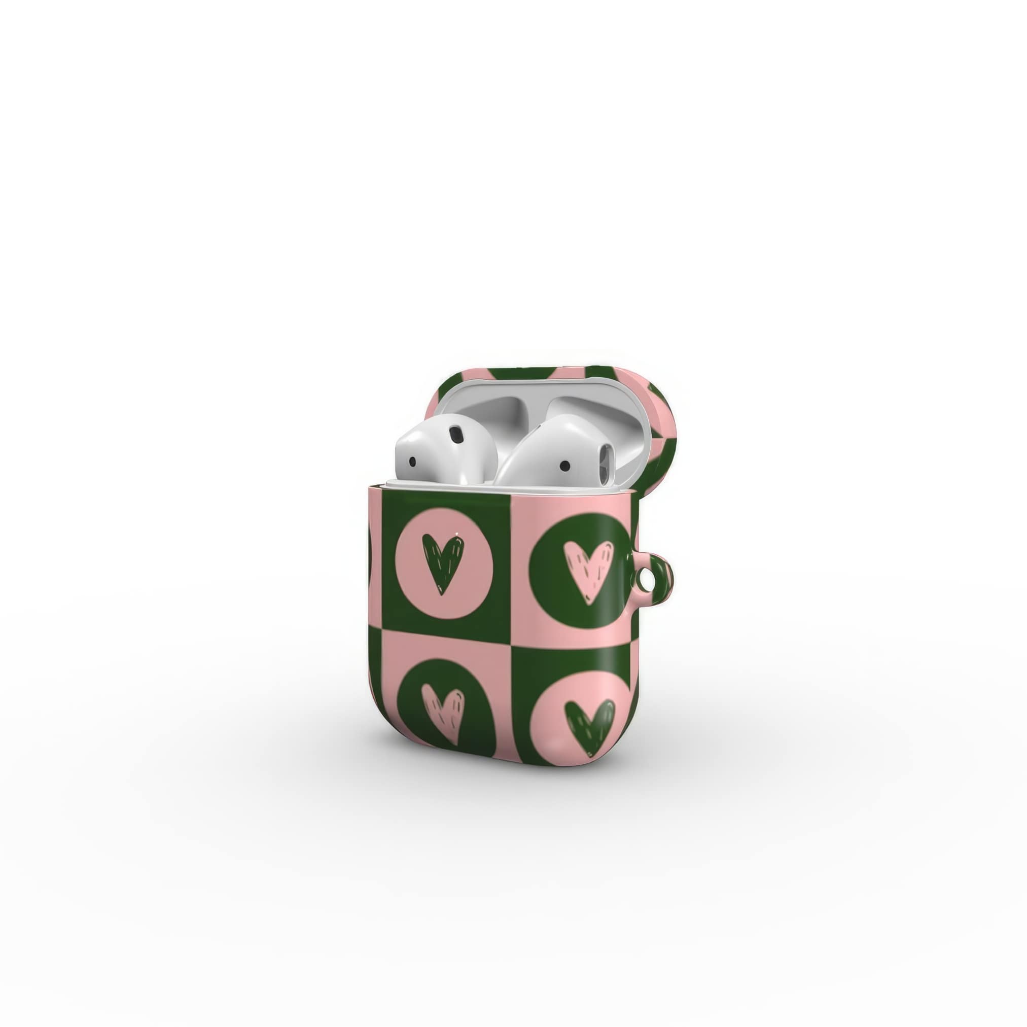AirPods 1 and 2 case LovDot Vintage Rose pattern design with a dynamic geometric symmetry in heart and dot style, featuring an elegant and expressive aesthetic design. Main colors are vintage pink and green. Side open view.