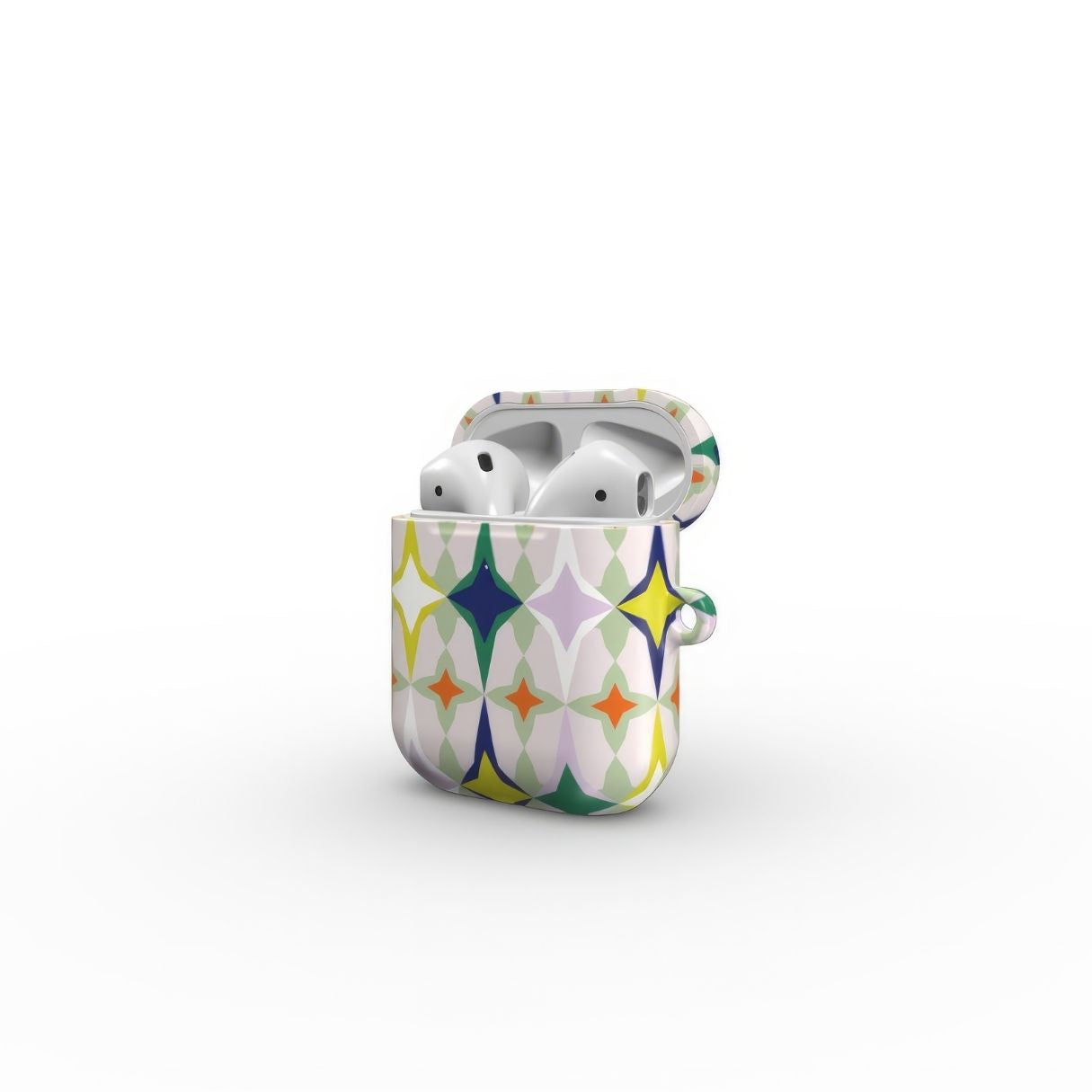 AirPods 1/2 Magic Spring pattern design with a dynamic geometric symmetry in geometric style, featuring an elegant and expressive aesthetic design. Main colors are green, yellow, orange red and deep blue. Open side view.