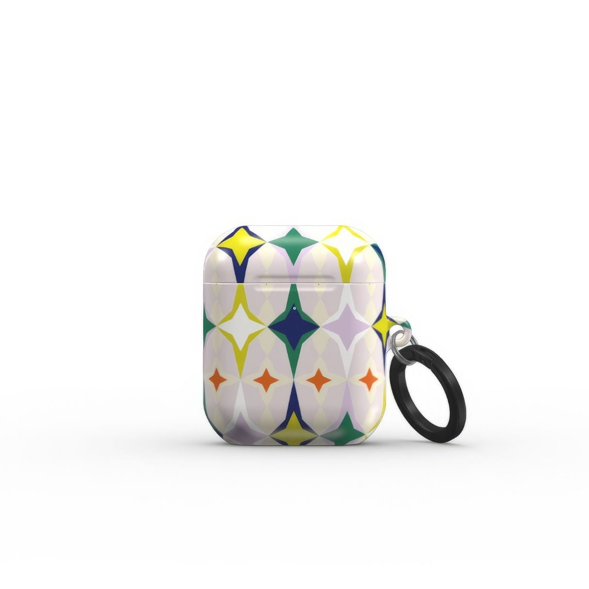 AirPods 1/2 case Magic Summer pattern design with a dynamic geometric symmetry in geometric style, featuring an elegant and expressive aesthetic design. Main colors are green, yellow, orange red and lilac. Closed front view.